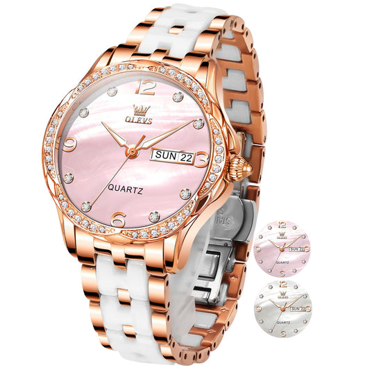 OLEVS Women's Watch Ceramic Band Waterproof Dress Watch Analog Quartz Watches Elegant Luxury Comfortable Wrist Watches with Date Day & Diamond White/Pink/Black Dial Gift for Her Reloj para Mujer