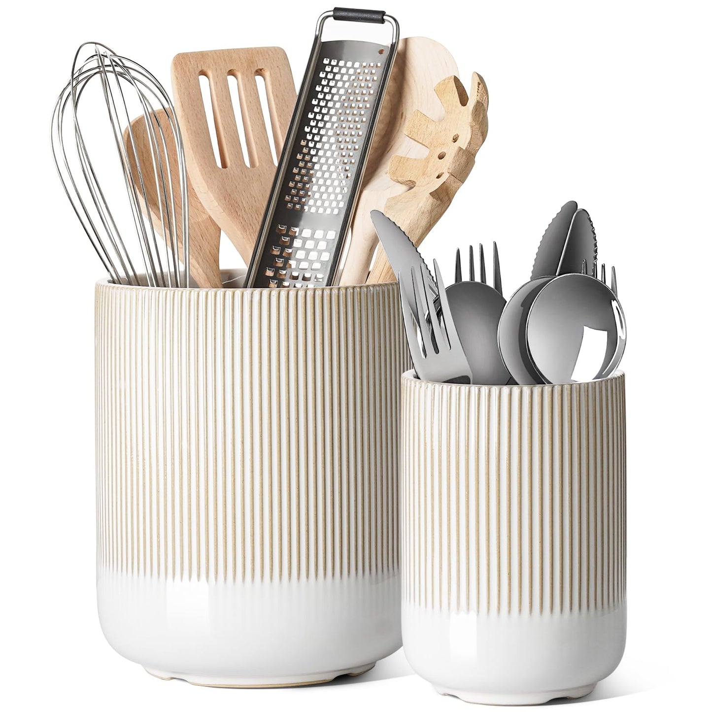 LE TAUCI Utensil Holder, 7.3"+5.4" Ceramic Cooking Tool Crocks for Countertop, Large Utensil Organizer for Kitchen Counter, Morden Kitchen Decor for Spatula and Flatware, Set of 2