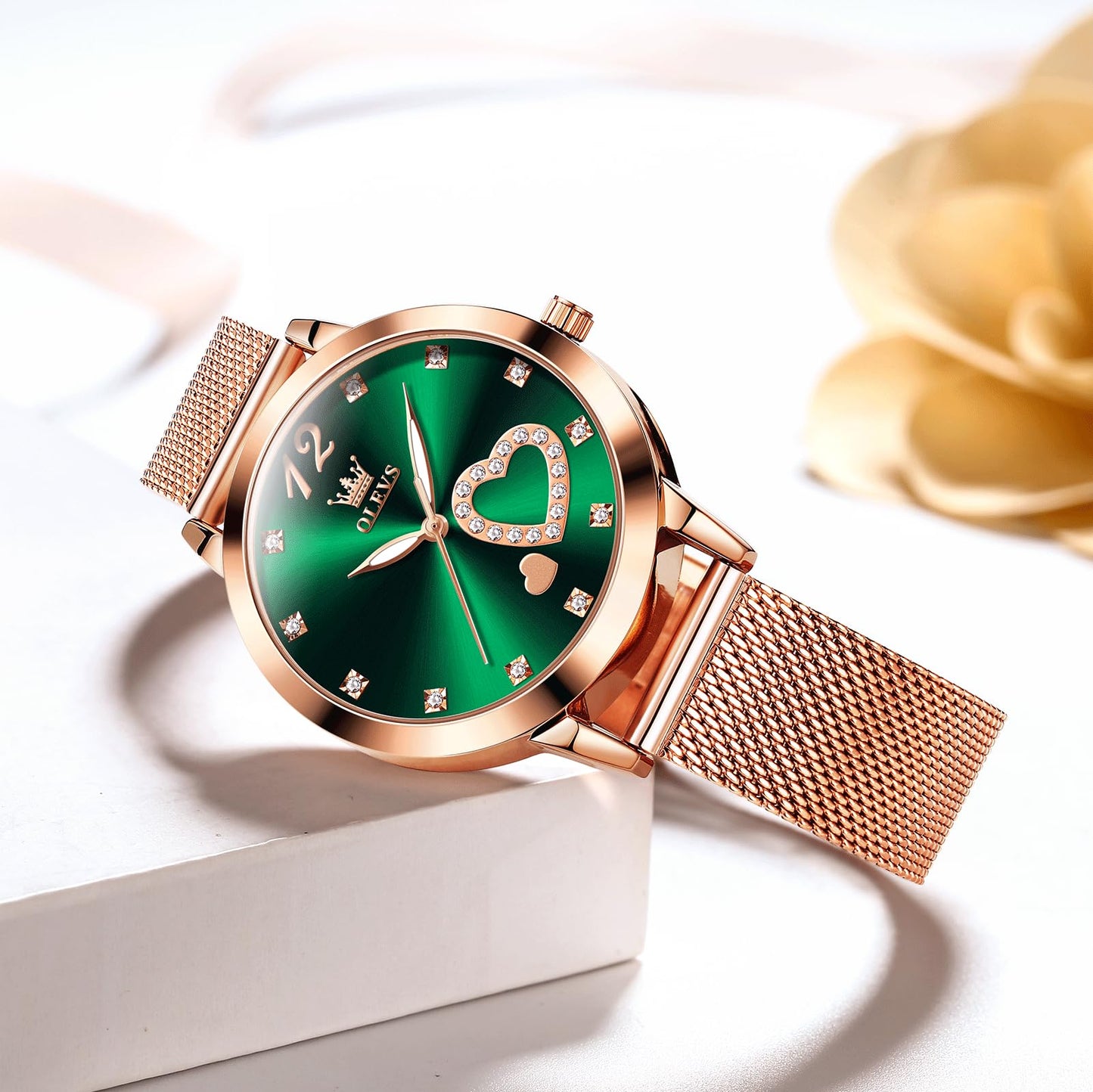 OLEVS Women's Small Wrist Rose Gold Tone Watch - Cute Diamond Heart Arabic Numerals Dial, Fashion Waterproof Mesh Bracelet Analog Dress for Ladies