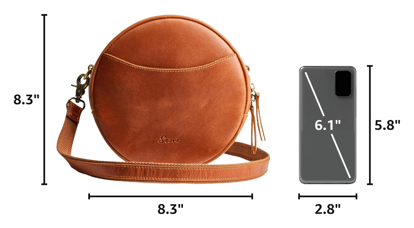 S-ZONE Leather Crossbody Bags for Women Circle Shoulder Round Purse Travel | Top Grain Leather, Keychain, Designer Handbag, Vintage, Multi Pockets, Detachable Strap, Eveyday Outing