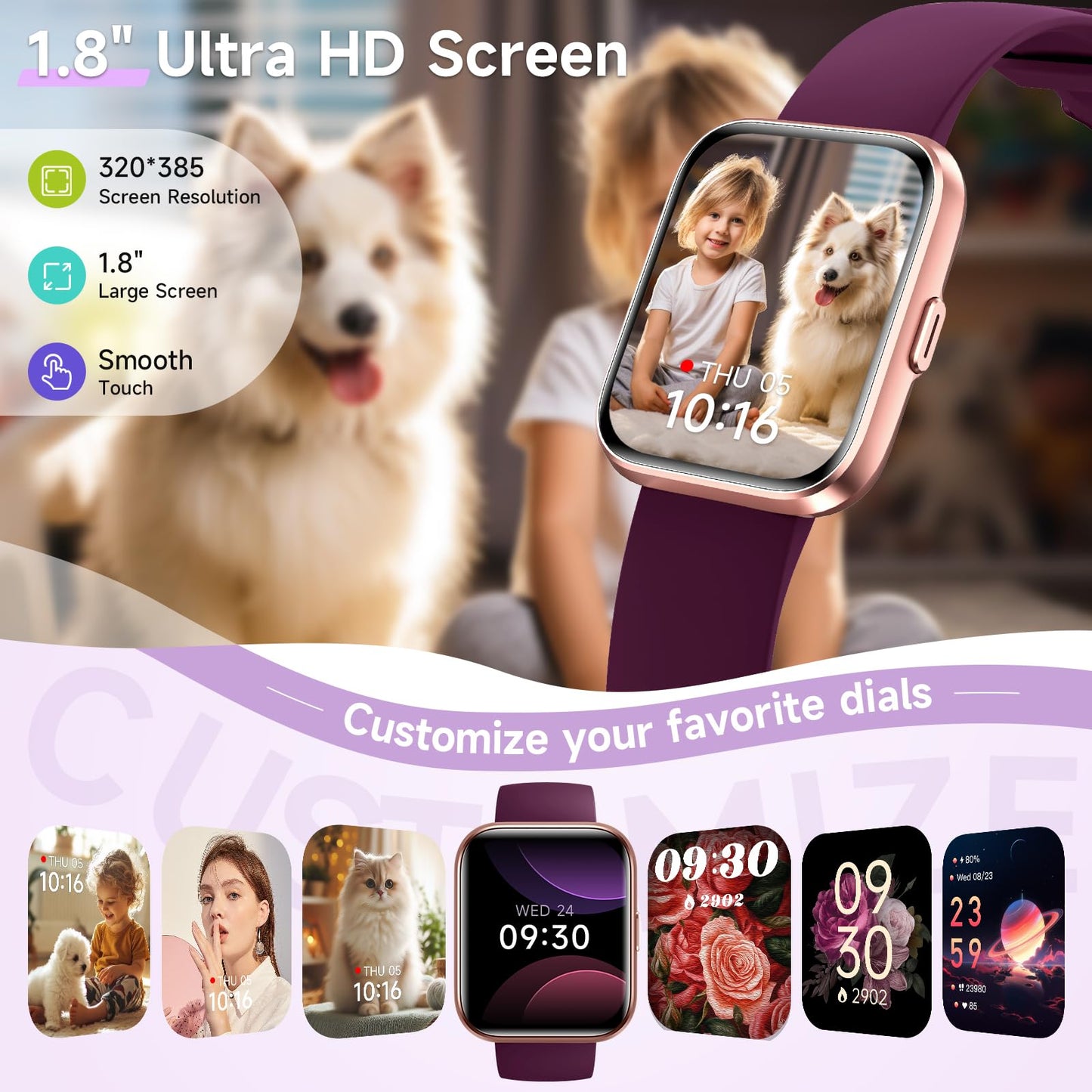 Smart Watches for Women, 1.8" Touch Screen Fitness Tracker for Android & iPhone, Answer/Make Calls, Alexa Built-in, Heart Rate/Sleep/SpO2 Monitor Smartwatch, IP68 Waterproof 101+ Sport Modes, 2 Bands