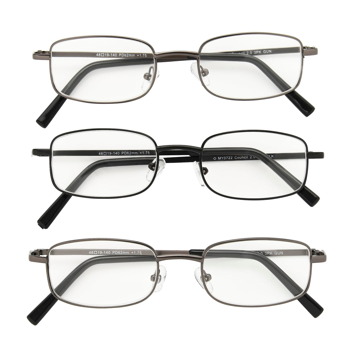 Foster Grant Men's Council Rectangular Reading Glasses, Gunmetal and Black, 3 Pack, 1.25xFoster Grant Men's Council Rectangular Reading Glasses, Gunmetal and Black, 3 Pac…