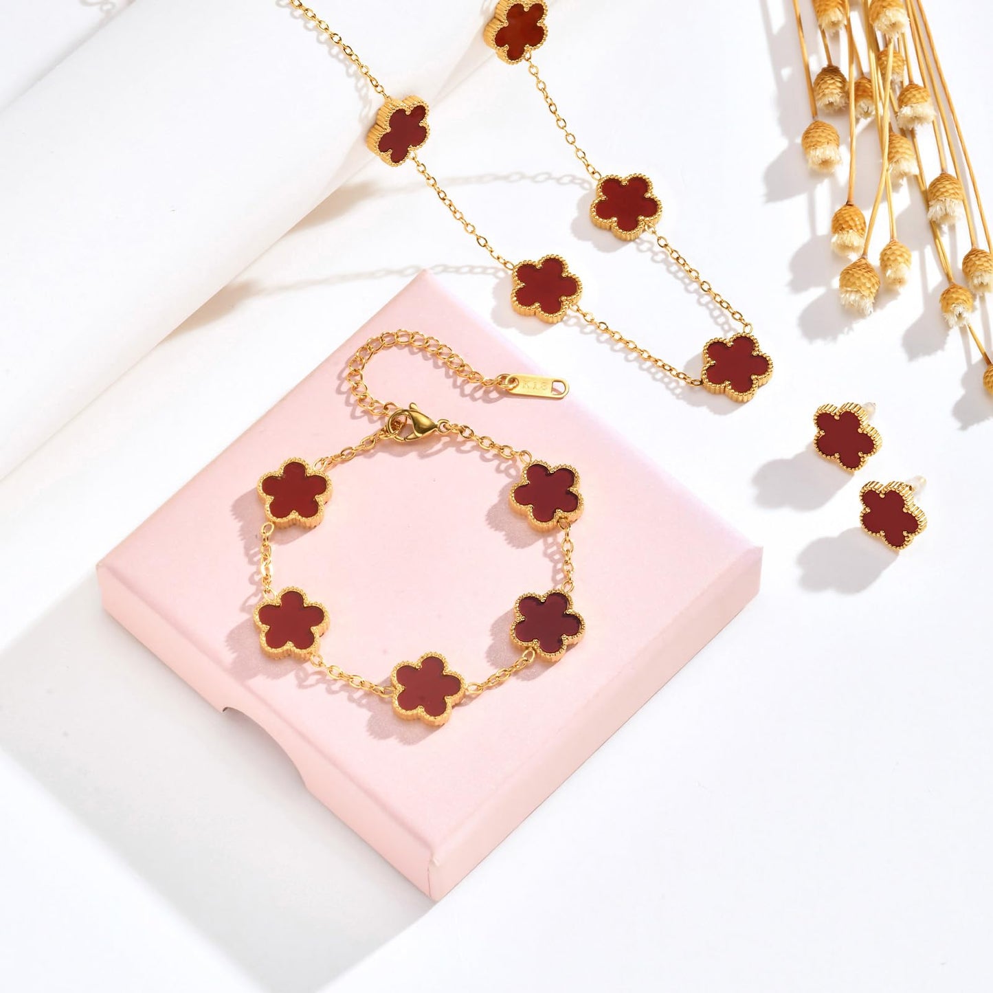 Gold Necklaces Bracelets Earring Set - 18K Gold Plated Flower Bracelet Chain,Stainless Steel Non Tarnish Floral Pendant Stud Jewelry Sets,Christmas Birthday Lucky Gift for Mom Wife Daughter Girlfriend