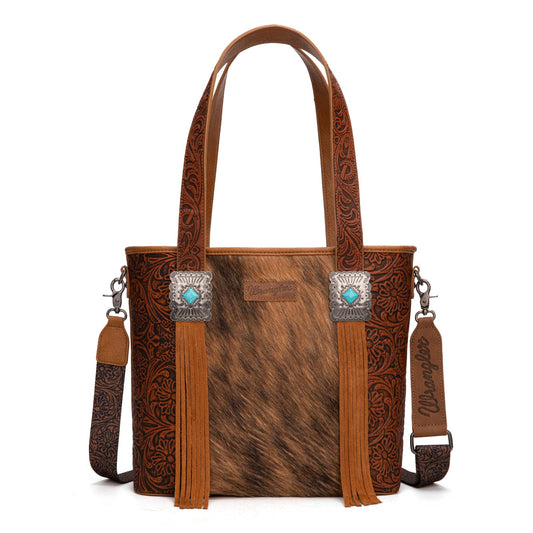 Montana West Wrangler Cowhide Tote Bag for Women Western Tooling Handbag Leather Fringing with Turquoise Stone Concho