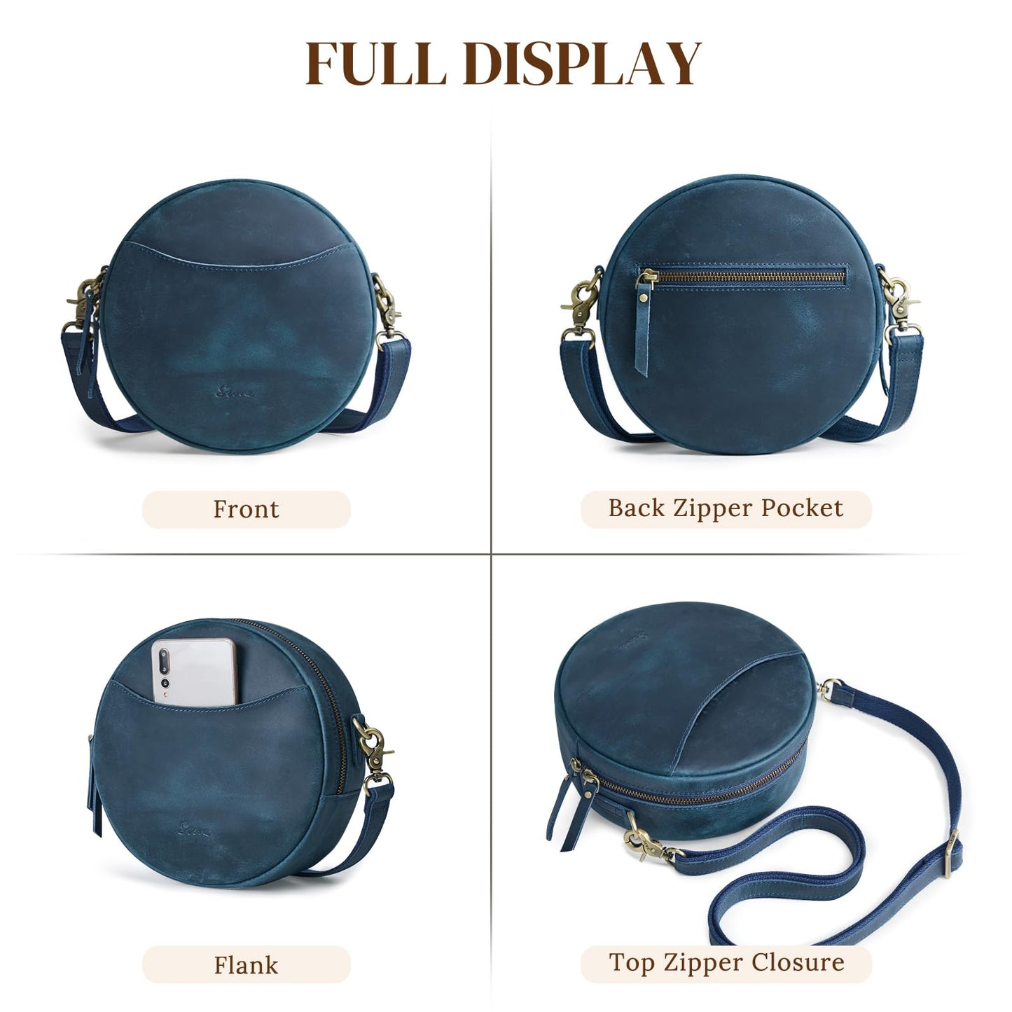 S-ZONE Leather Crossbody Bags for Women Circle Shoulder Round Purse Travel | Top Grain Leather, Keychain, Designer Handbag, Vintage, Multi Pockets, Detachable Strap, Eveyday Outing