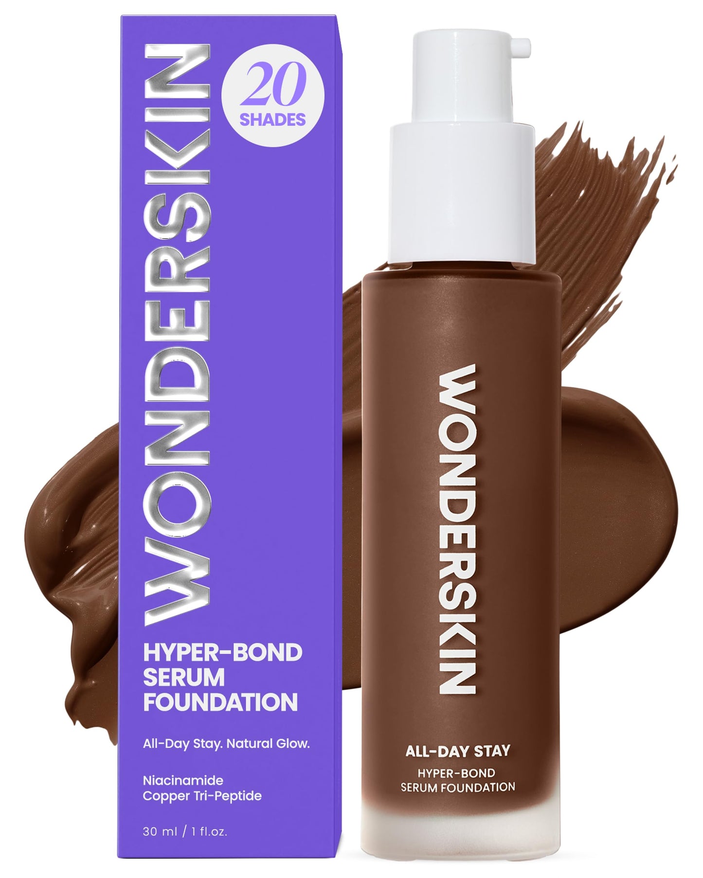 Wonderskin Hyper Bond All-Day Stay Serum Foundation – Waterproof, Transfer-Proof, 24HR Longwear Face Makeup with Niacinamide & Hyaluronic Acid – Lightweight, Natural Finish (Echo)