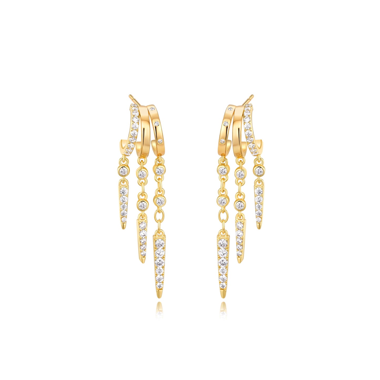 Gold Dangle Earrings for Women, 14k Gold Plated Stacked Triple Hoop Illusion Earrings Cubic Zirconia Huggie Earrings for Women Trendy