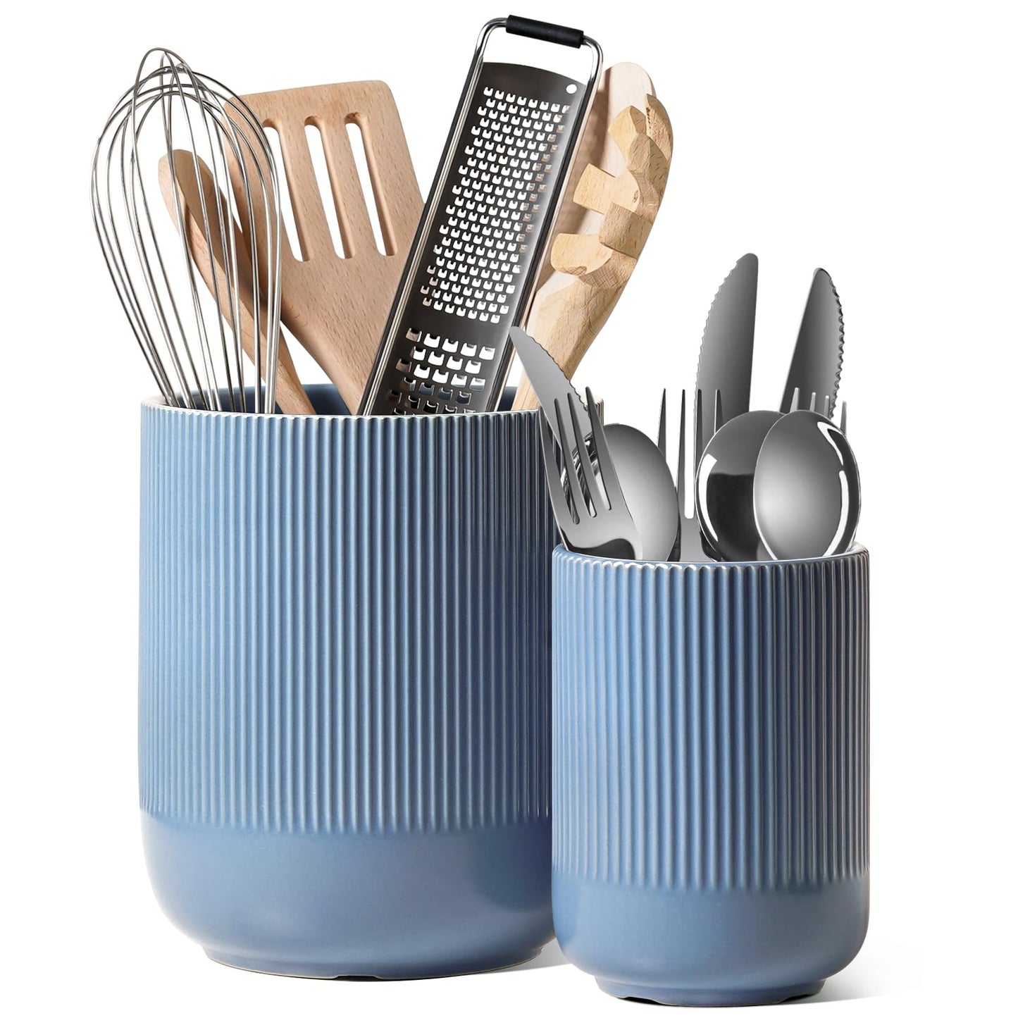 LE TAUCI Utensil Holder, 7.3"+5.4" Ceramic Cooking Tool Crocks for Countertop, Large Utensil Organizer for Kitchen Counter, Morden Kitchen Decor for Spatula and Flatware, Set of 2