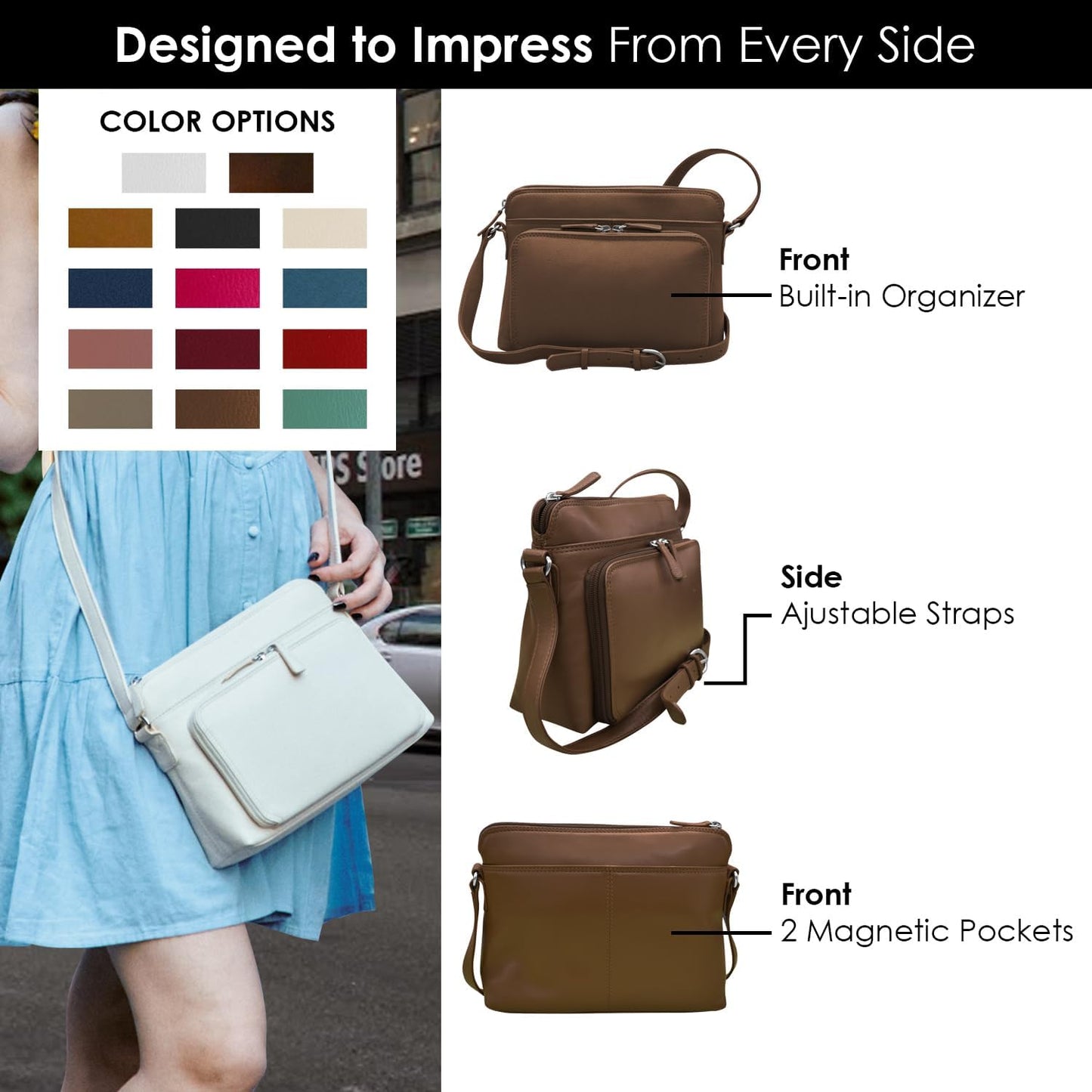 ili New York Genuine Leather Crossbody Bags with RFID Protection & Adjustable Straps - Black & Toffee