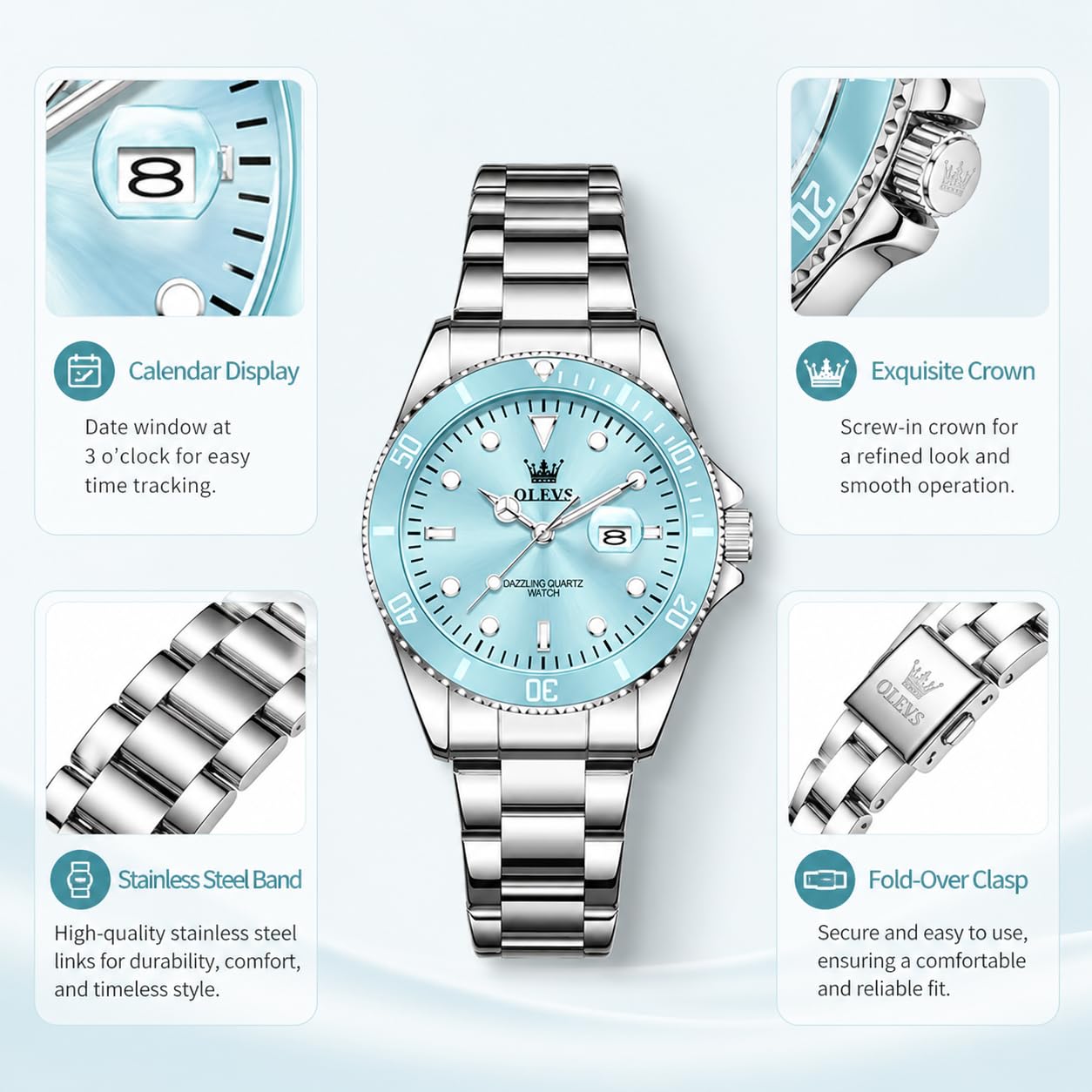 OLEVS Watch Women Silver Watches for Women Luxury for Small Wrists Dress Stainless Steel Women's Wrist Watches Easy to Read Reloj para Mujer Black/Blue/Gold/Green/Pink/Purple
