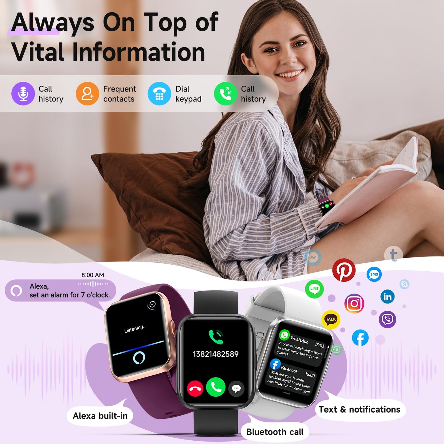 Smart Watches for Women, 1.8" Touch Screen Fitness Tracker for Android & iPhone, Answer/Make Calls, Alexa Built-in, Heart Rate/Sleep/SpO2 Monitor Smartwatch, IP68 Waterproof 101+ Sport Modes, 2 Bands