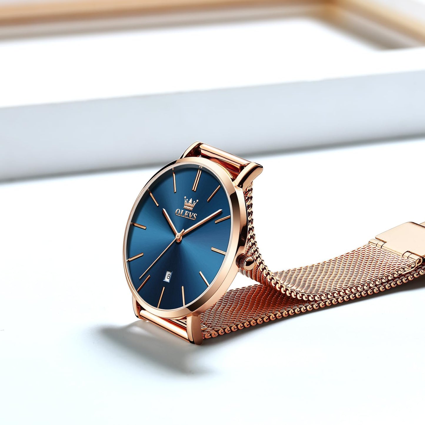 OLEVS Women's Watch Luxury Dress Rose Gold Women Slim Thin Lightweight Watch Stainless Steel Mesh Watches Fashion Waterproof Ladies Wrist Watch Black White Blue Face,Adjustable Bracelet