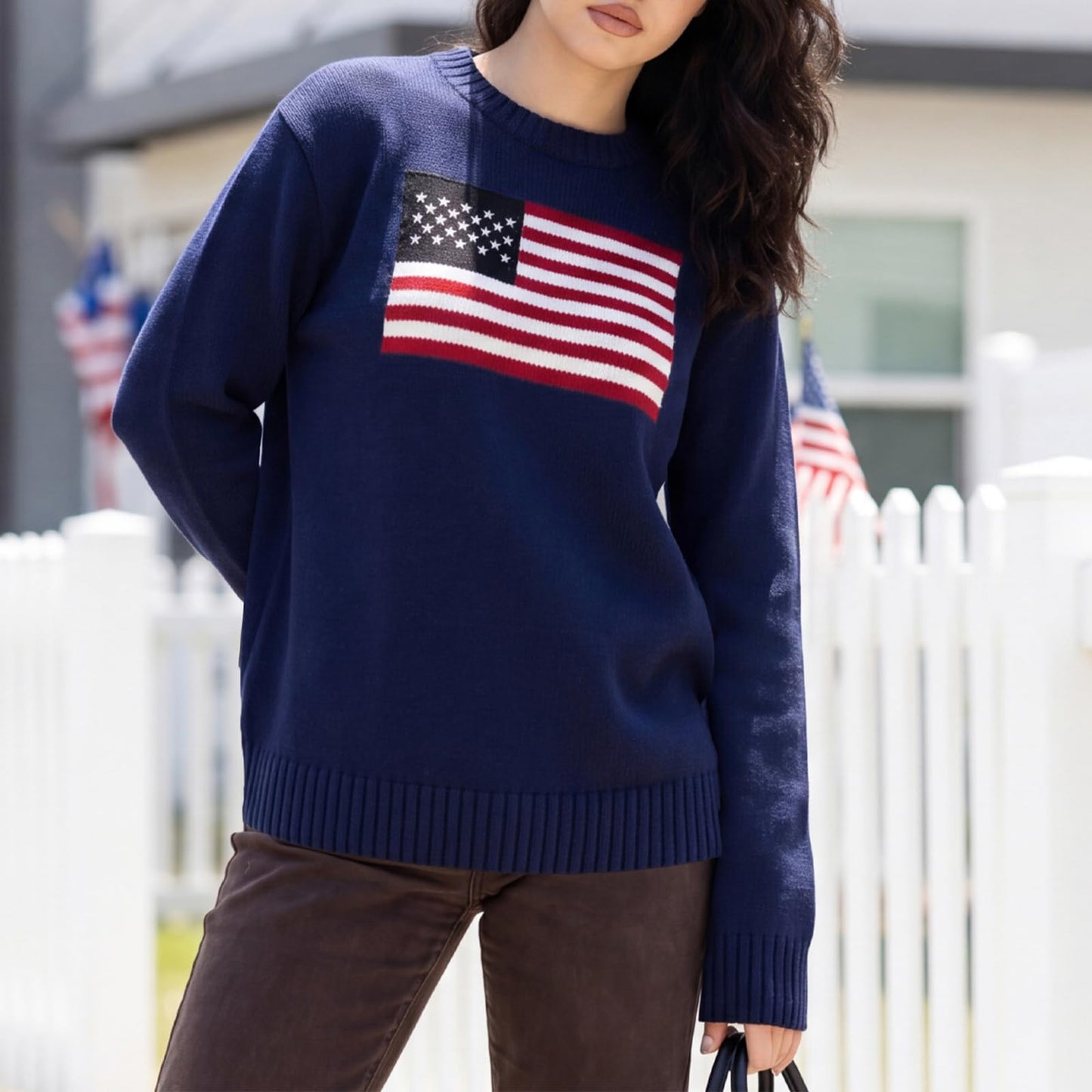 Women American Flag Sweater Long Sleeve Crew Neck Loose Fit Knit Pullover Tops USA Casual Loose Pullover Sweater