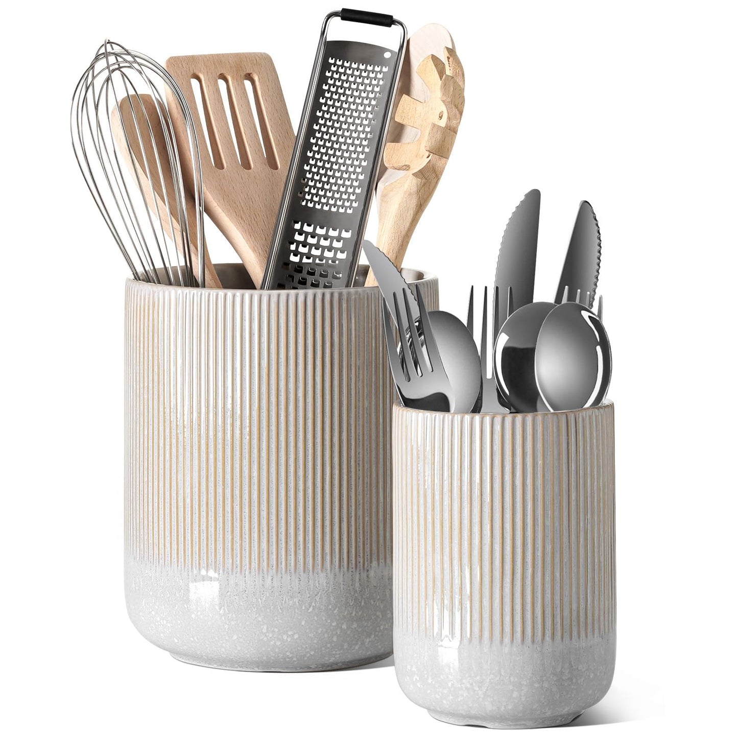 LE TAUCI Utensil Holder, 7.3"+5.4" Ceramic Cooking Tool Crocks for Countertop, Large Utensil Organizer for Kitchen Counter, Morden Kitchen Decor for Spatula and Flatware, Set of 2