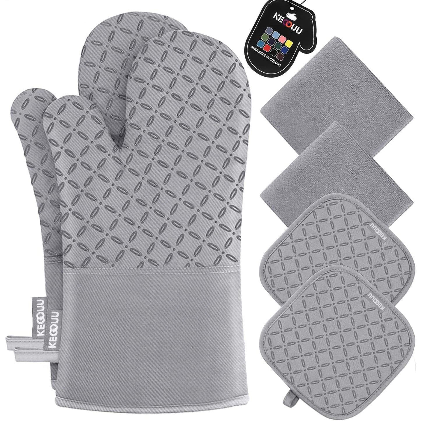 KEGOUU Oven Mitts and Pot Holders 6pcs Set, Kitchen Oven Glove High Heat Resistant 500 Degree Extra Long Oven Mitts and Potholder with Non-Slip Silicone Surface for Cooking (Gray)