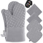 KEGOUU Oven Mitts and Pot Holders 6pcs Set, Kitchen Oven Glove High Heat Resistant 500 Degree Extra Long Oven Mitts and Potholder with Non-Slip Silicone Surface for Cooking (Gray)
