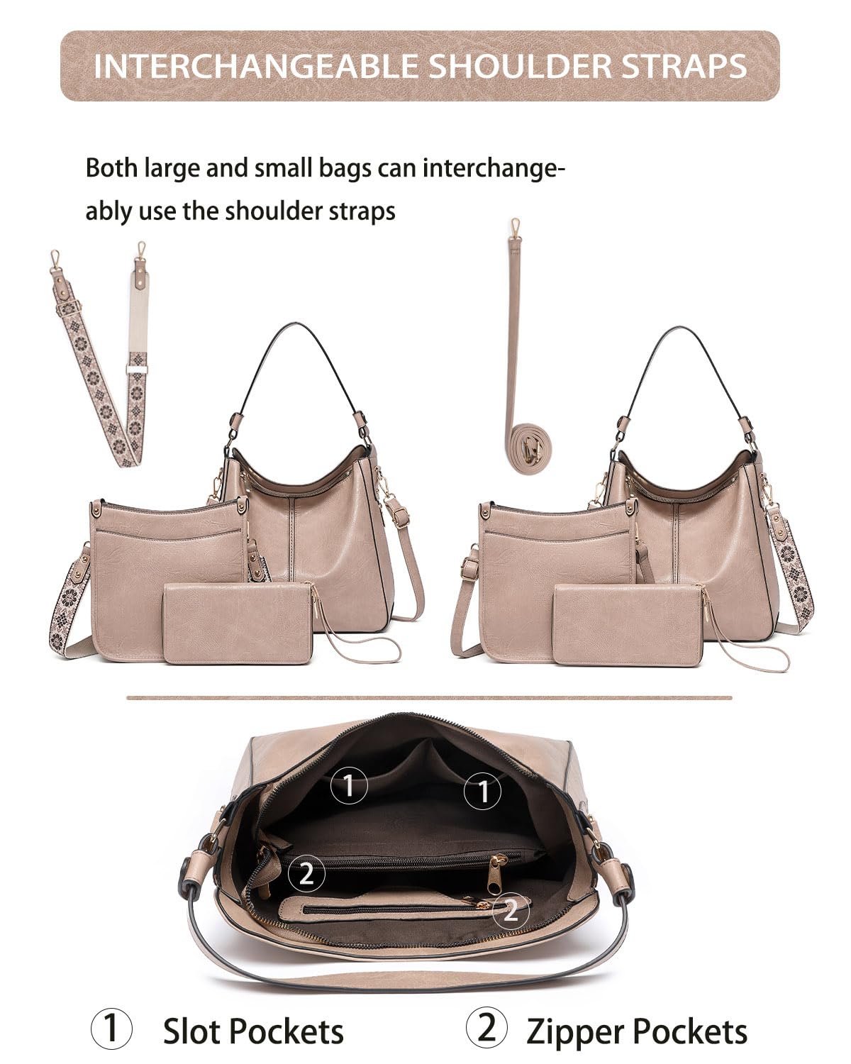 Purses for Women 3PCS, Crossbody Bags Set Large Leather Purse Shoulder Handbags with Wallet Adjustable Straps for Ladies Tote