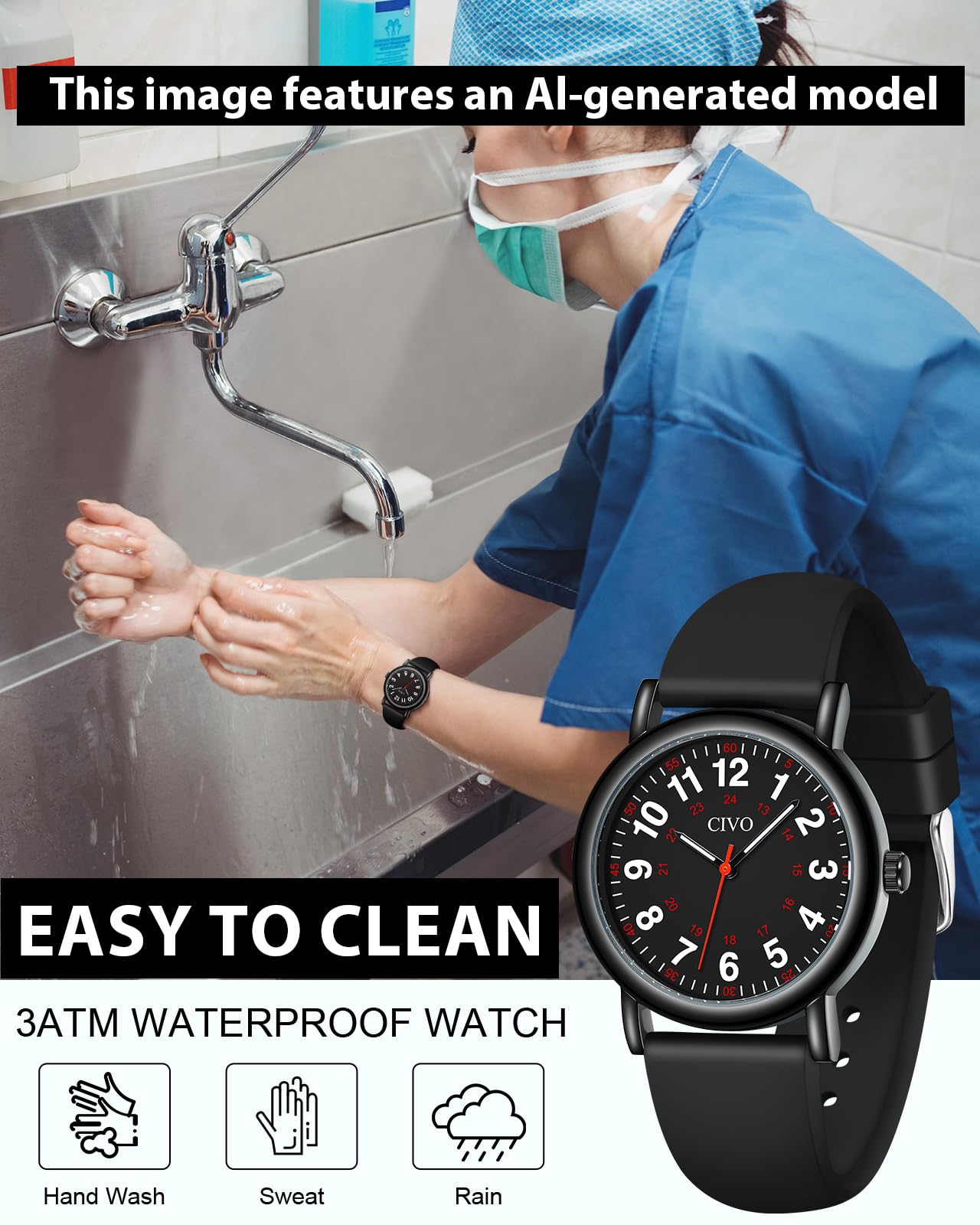 CIVO Nurse Watches for Women Men: Analog Waterproof Watch with Easy Read Dial Second Hand - Gifts for Nurses Medical Student Doctors