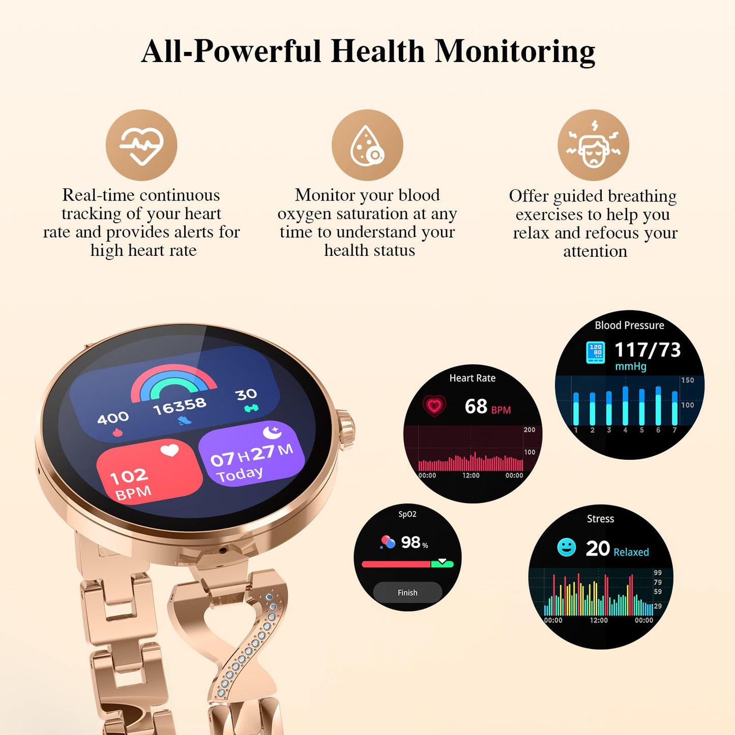 Smart Watches for Women, Answer/Make Call, 1.04'' AMOLED, 24H Sleep Tracker, Fitness Tracker with Heart Rate/Blood Pressure/SpO2/Stress Monitor, 100+ Sport Modes Waterproof Smartwatch for IOS Android
