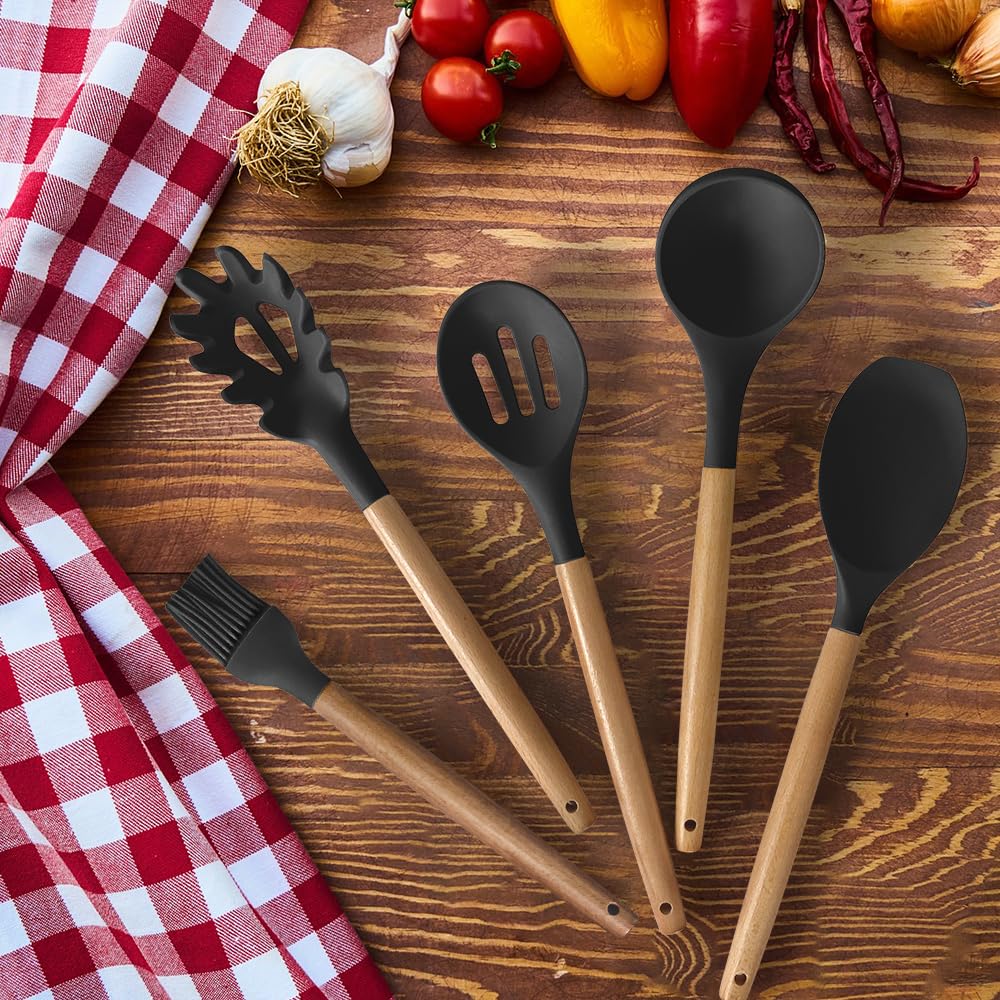 Cooking Utensils Set- 35 PCs Kitchen Utensils with Grater,Tongs, Spoon Spatula &Turner Made of Heat Resistant Food Grade Silicone and Wooden Handles Kitchen Gadgets Tools Set for Cookware