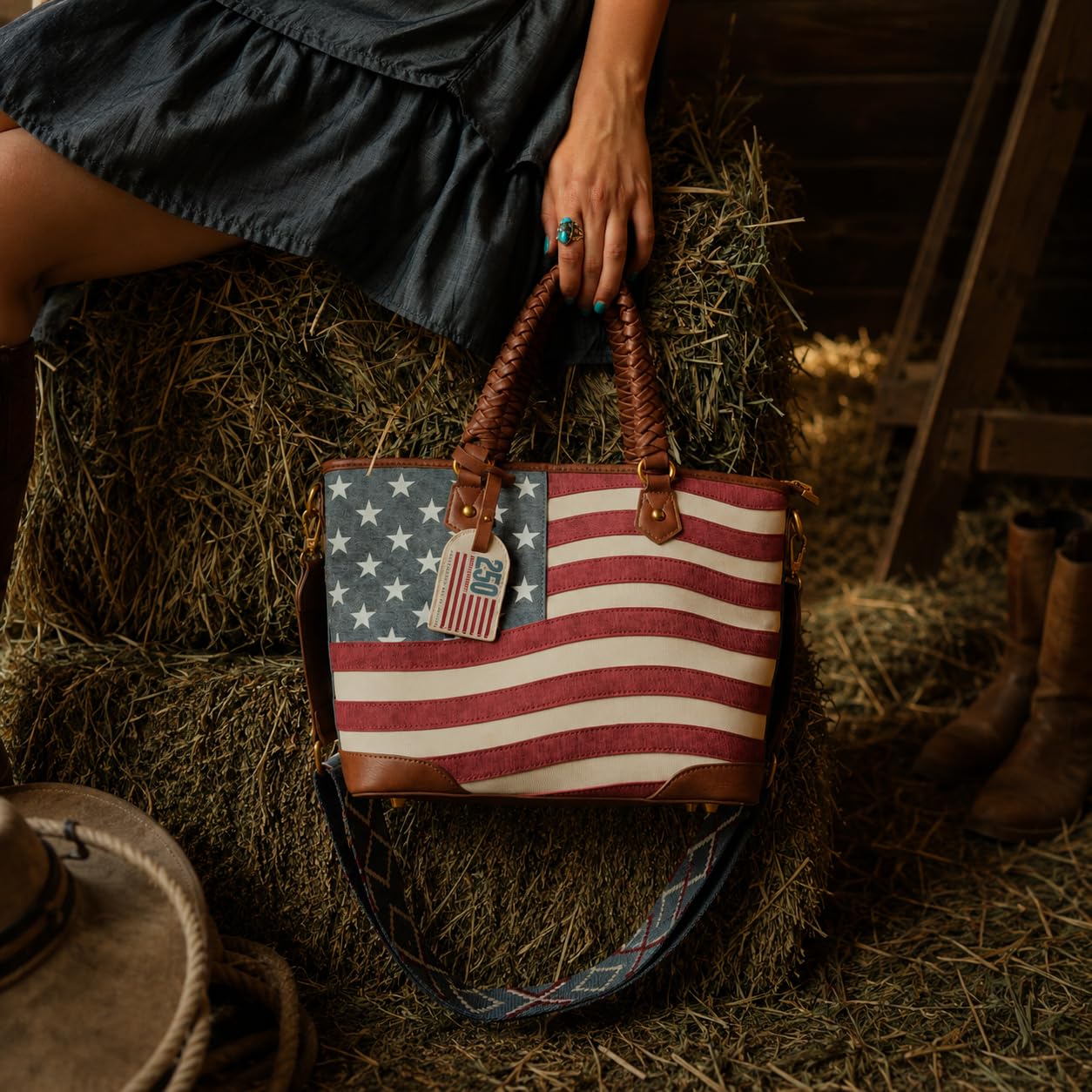 Montana West American Flag Tote Bag for Women Vintage Patriotic Western Shoulder Purse with Braided Top Handles
