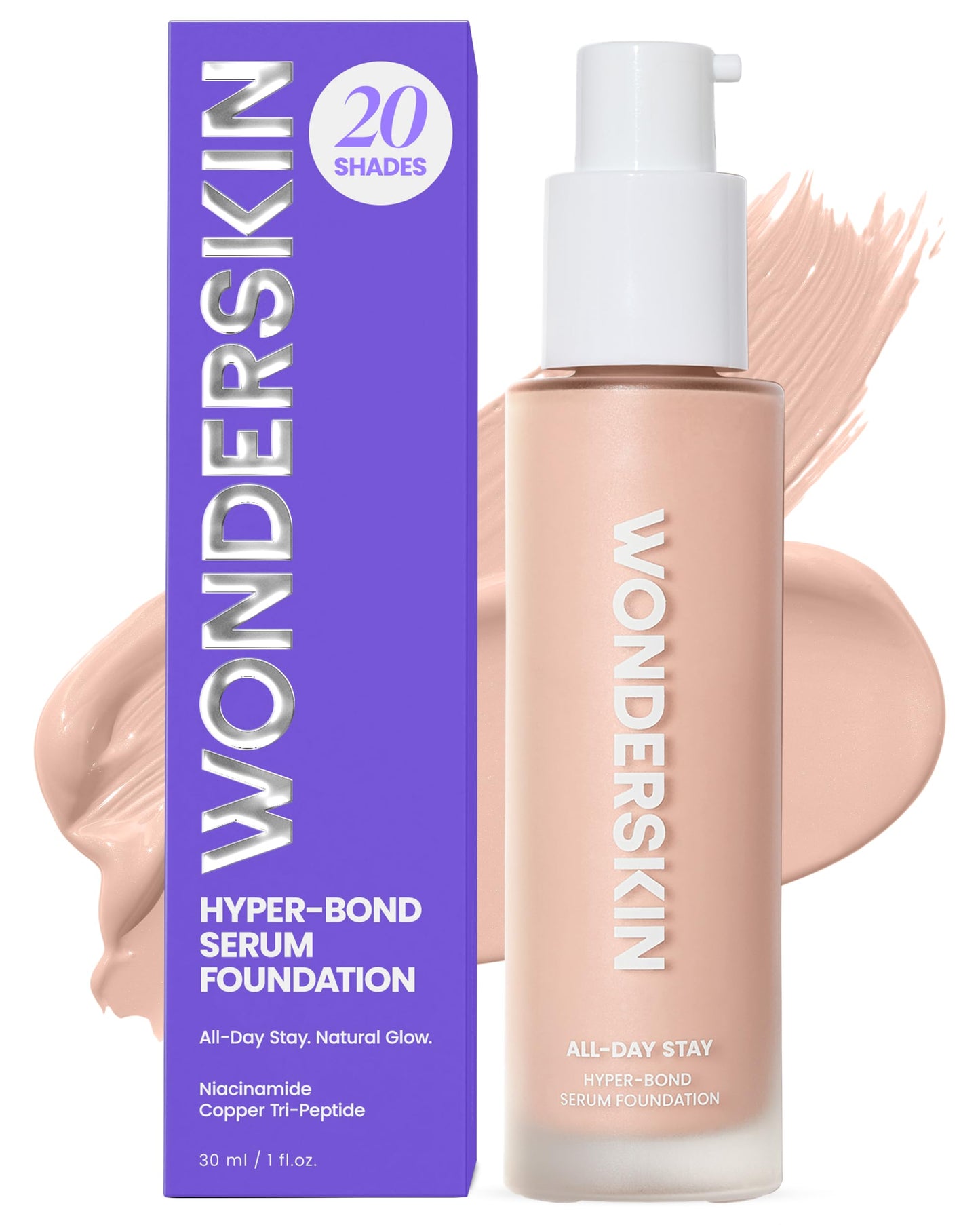Wonderskin Hyper Bond All-Day Stay Serum Foundation – Waterproof, Transfer-Proof, 24HR Longwear Face Makeup with Niacinamide & Hyaluronic Acid – Lightweight, Natural Finish (Echo)
