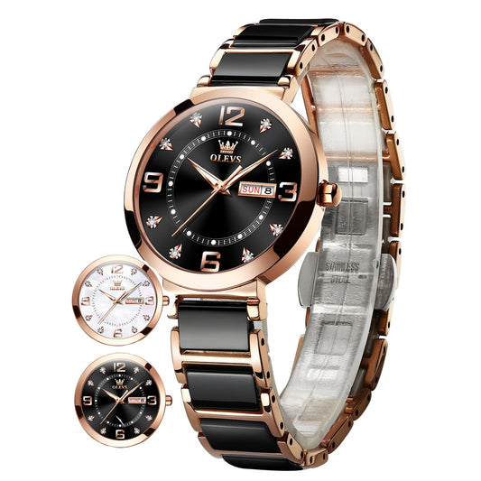 OLEVS Women's Watch Ceramic Band Waterproof Dress Watch Analog Quartz Watches Elegant Luxury Comfortable Wrist Watches with Date Day & Diamond White/Pink/Black Dial Gift for Her Reloj para Mujer