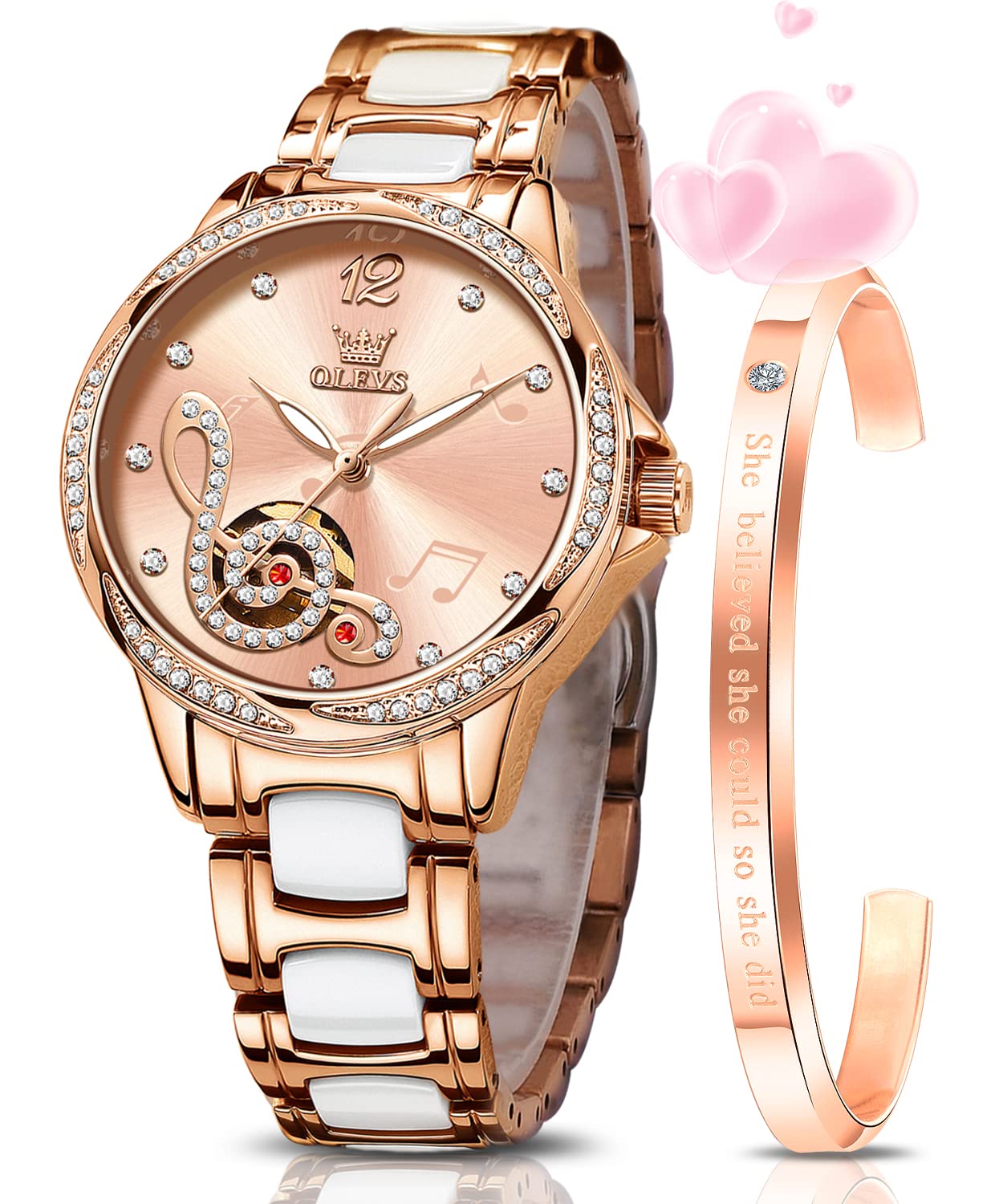 OLEVS Watches for Women Automatic Mechanical Self Winding Rose Gold Ladies Watch Diamond Dress Ceramic Bracelet Waterproof Female Wrist Watch