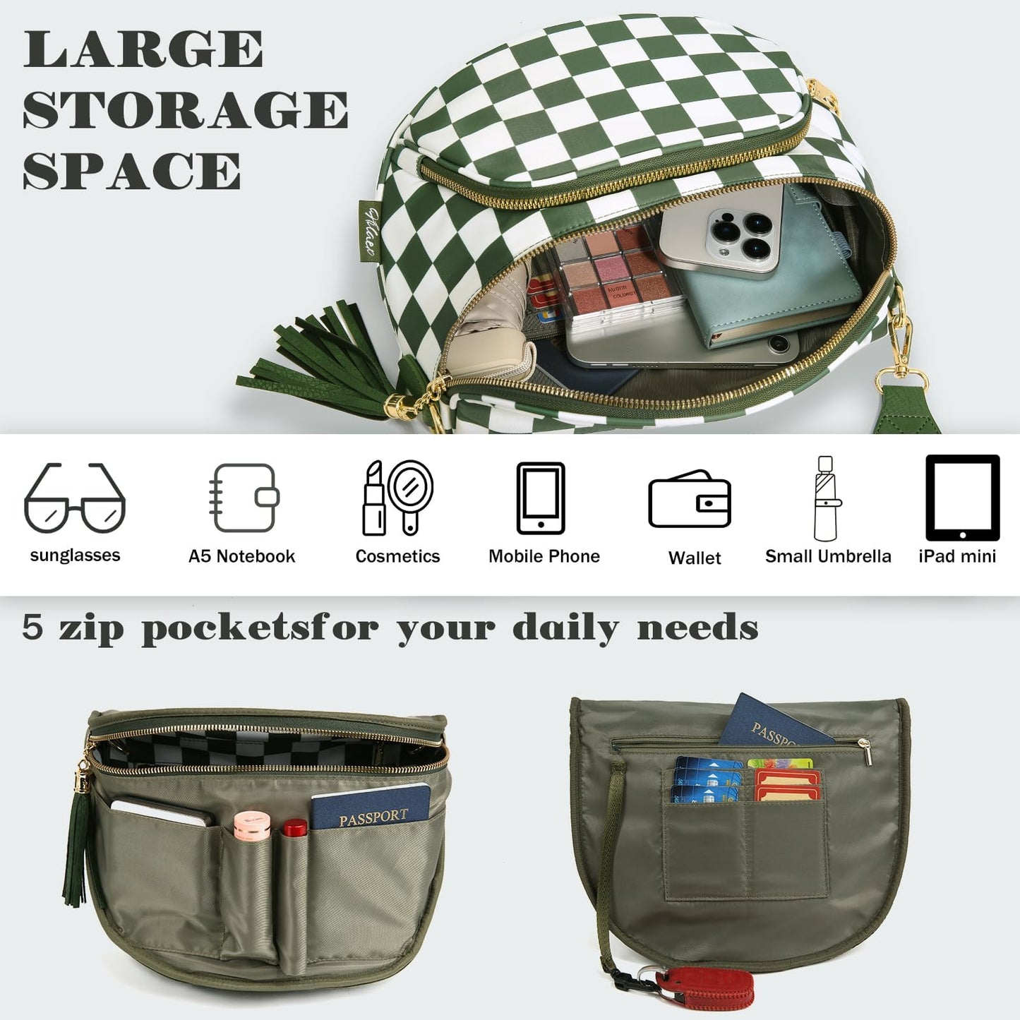 Checkered Crossbody Bag Anti Theft Spacious Bum Bags for Women Nylon Fanny Packs Lightweight Purse Wallet for Travel