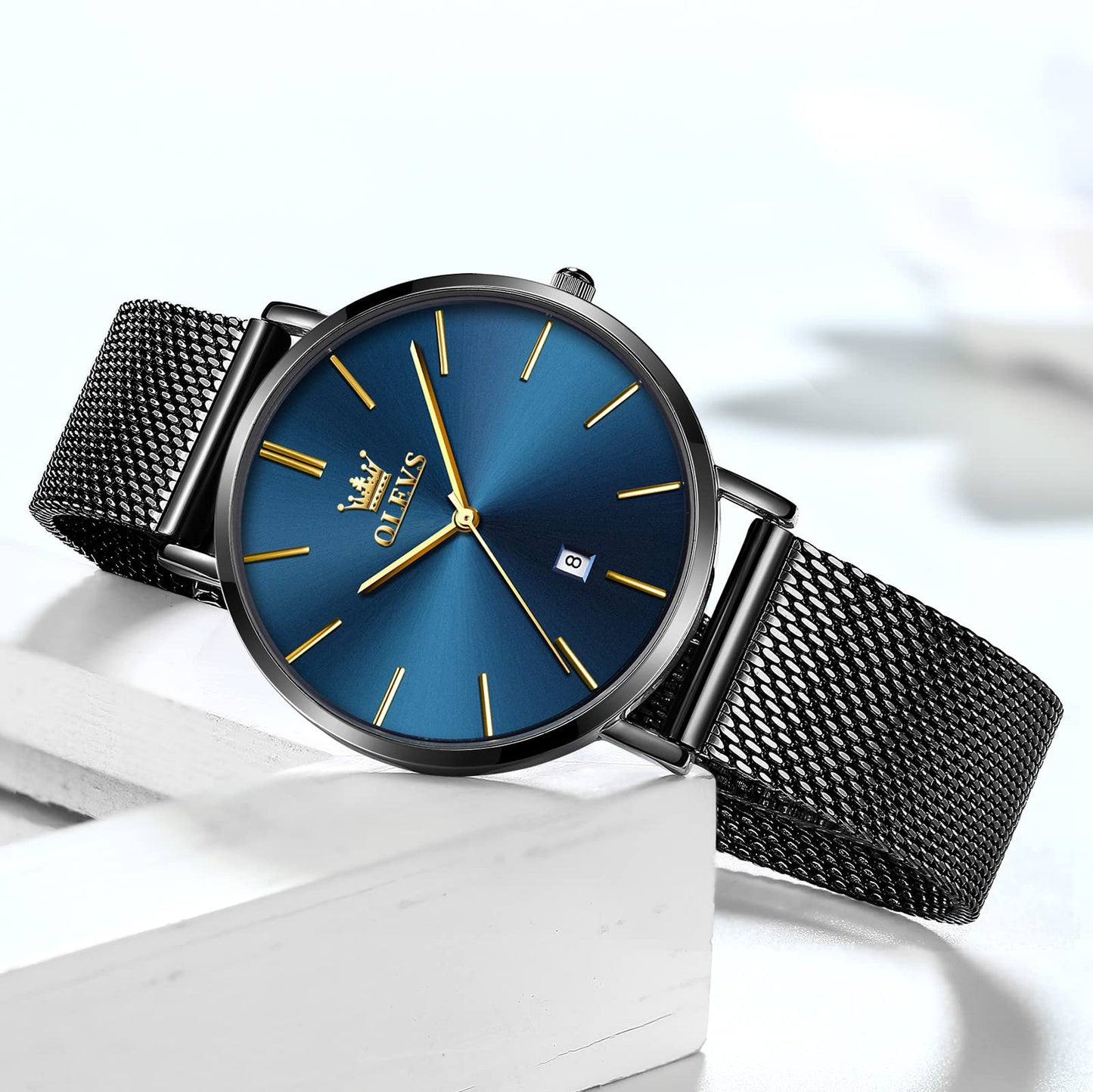 OLEVS Women's Mesh Bracelet Watch, Elegant Large Face Three Hand Analog Quartz Womens Wristwatch, Pretty Slim Date Display Waterproof Ladies Watches for Small Wrists