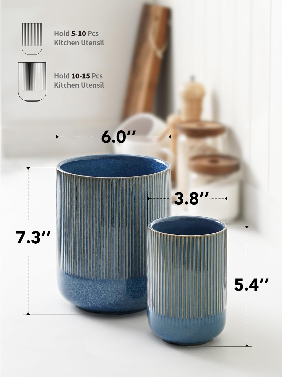 LE TAUCI Utensil Holder, 7.3"+5.4" Ceramic Cooking Tool Crocks for Countertop, Large Utensil Organizer for Kitchen Counter, Morden Kitchen Decor for Spatula and Flatware, Set of 2