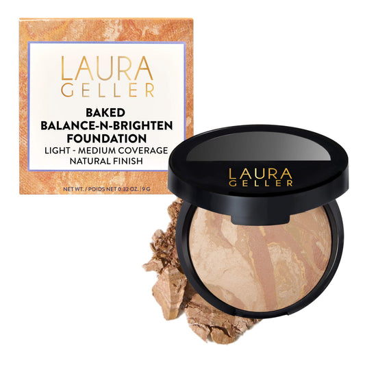 LAURA GELLER NEW YORK Award-Winning Baked Balance-n-Brighten Color Correcting Powder Foundation – Handmade in Italy – Buildable Coverage, Matte Finish – For Mature & Sensitive Skin – 04 Medium