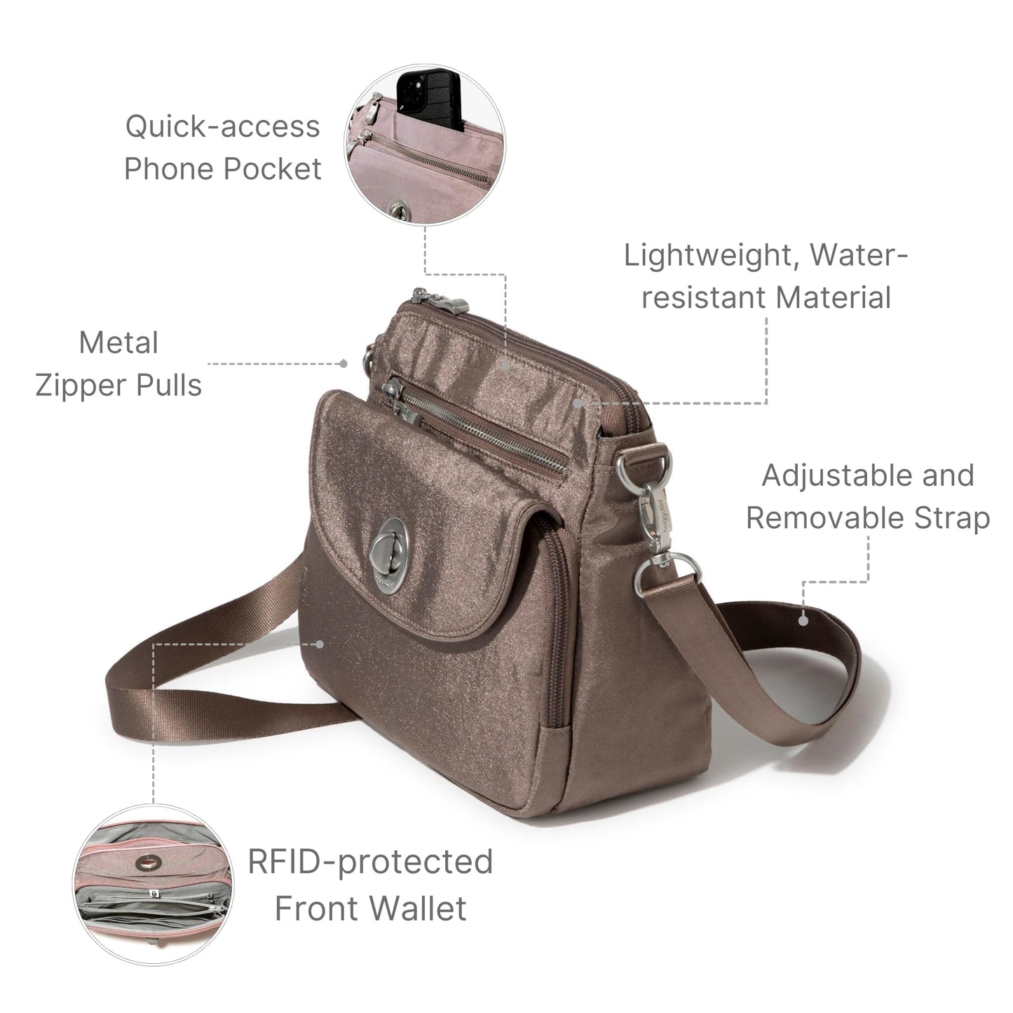Baggallini Calais Crossbody Bags for Women 10x7 Lightweight Water-Resistant Travel Purse, RFID & Interior Organization