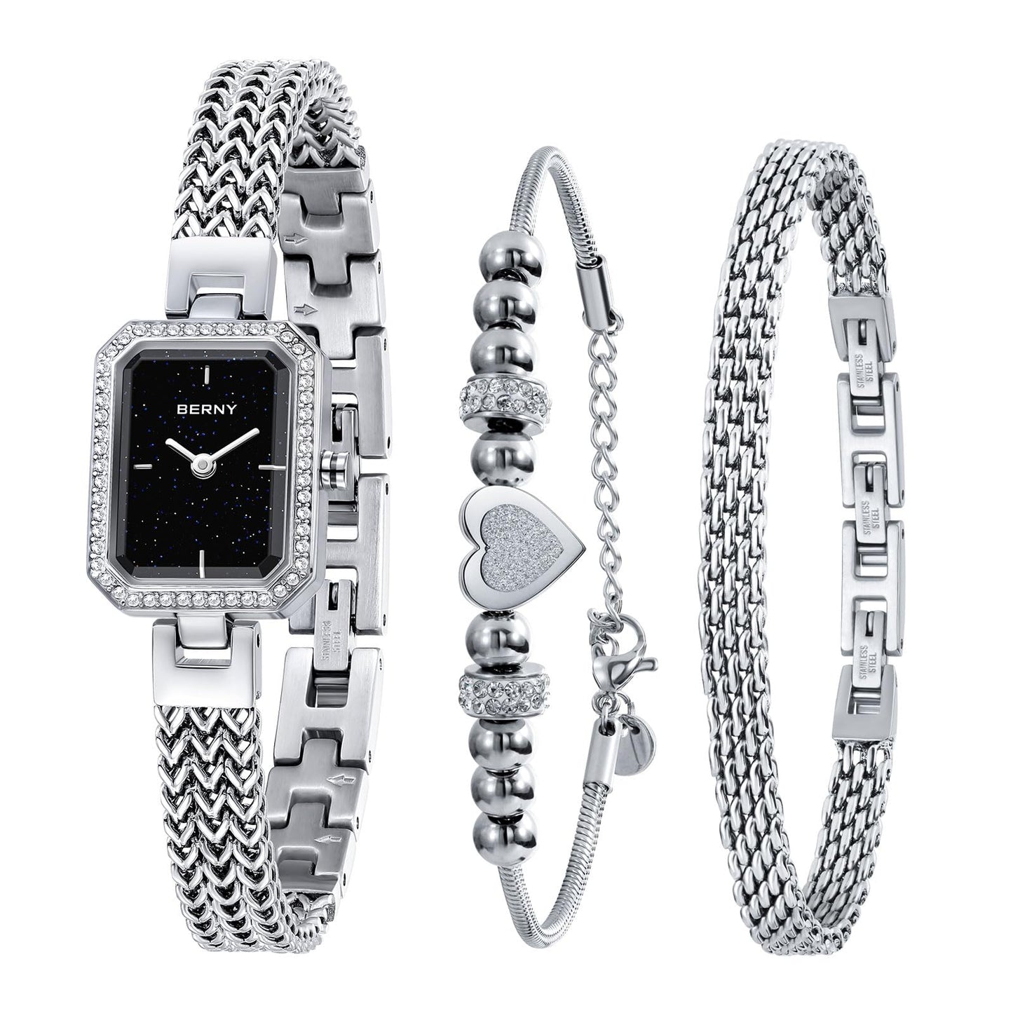 BERNY Silver Watches for Women Ladies Wrist Watch and Bracelet Set Dainty Quartz Bracelet Watch Premium Crystal Accented Fashion Luxury Birthday Present for Women
