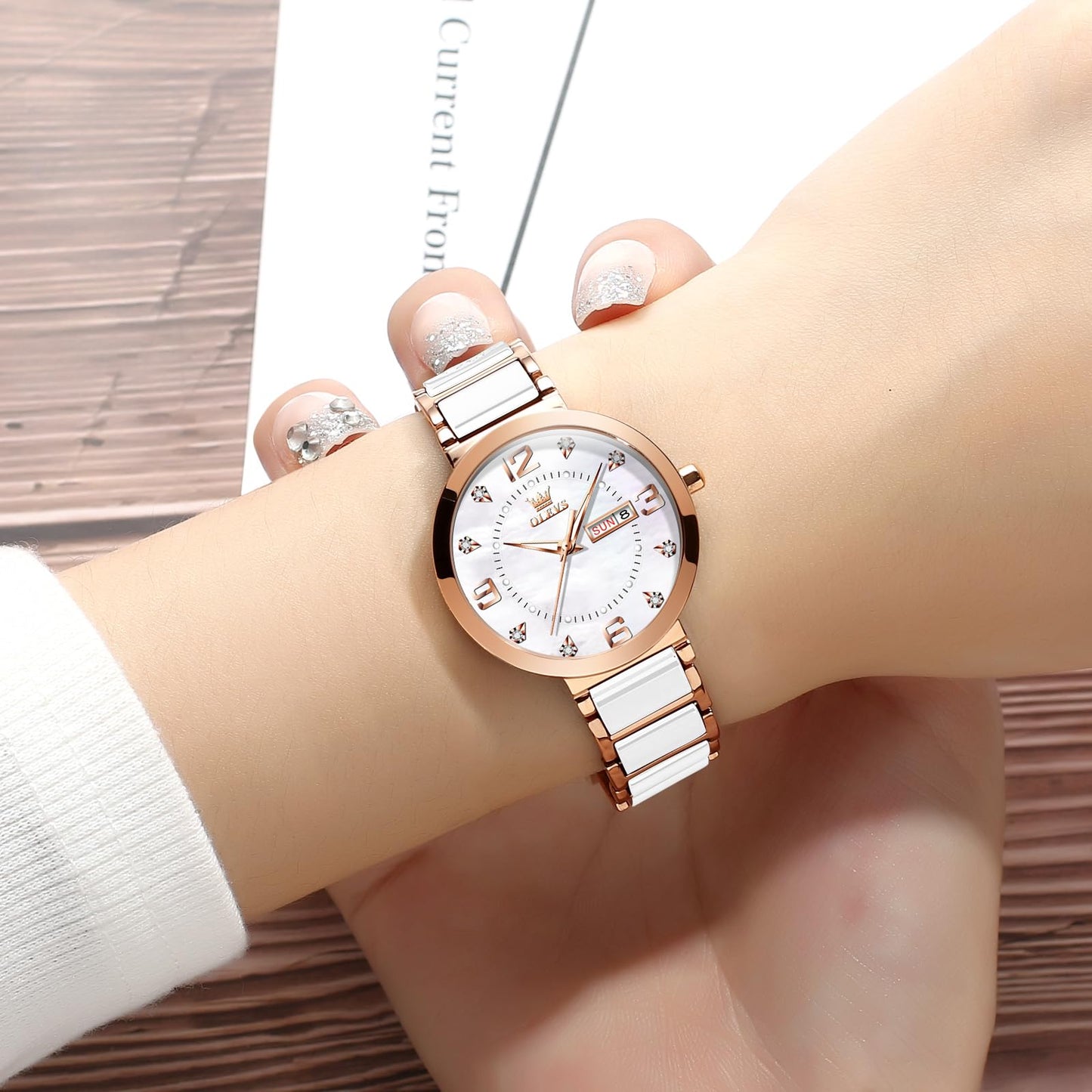 OLEVS Women's Watch Ceramic Band Waterproof Dress Watch Analog Quartz Watches Elegant Luxury Comfortable Wrist Watches with Date Day & Diamond White/Pink/Black Dial Gift for Her Reloj para Mujer