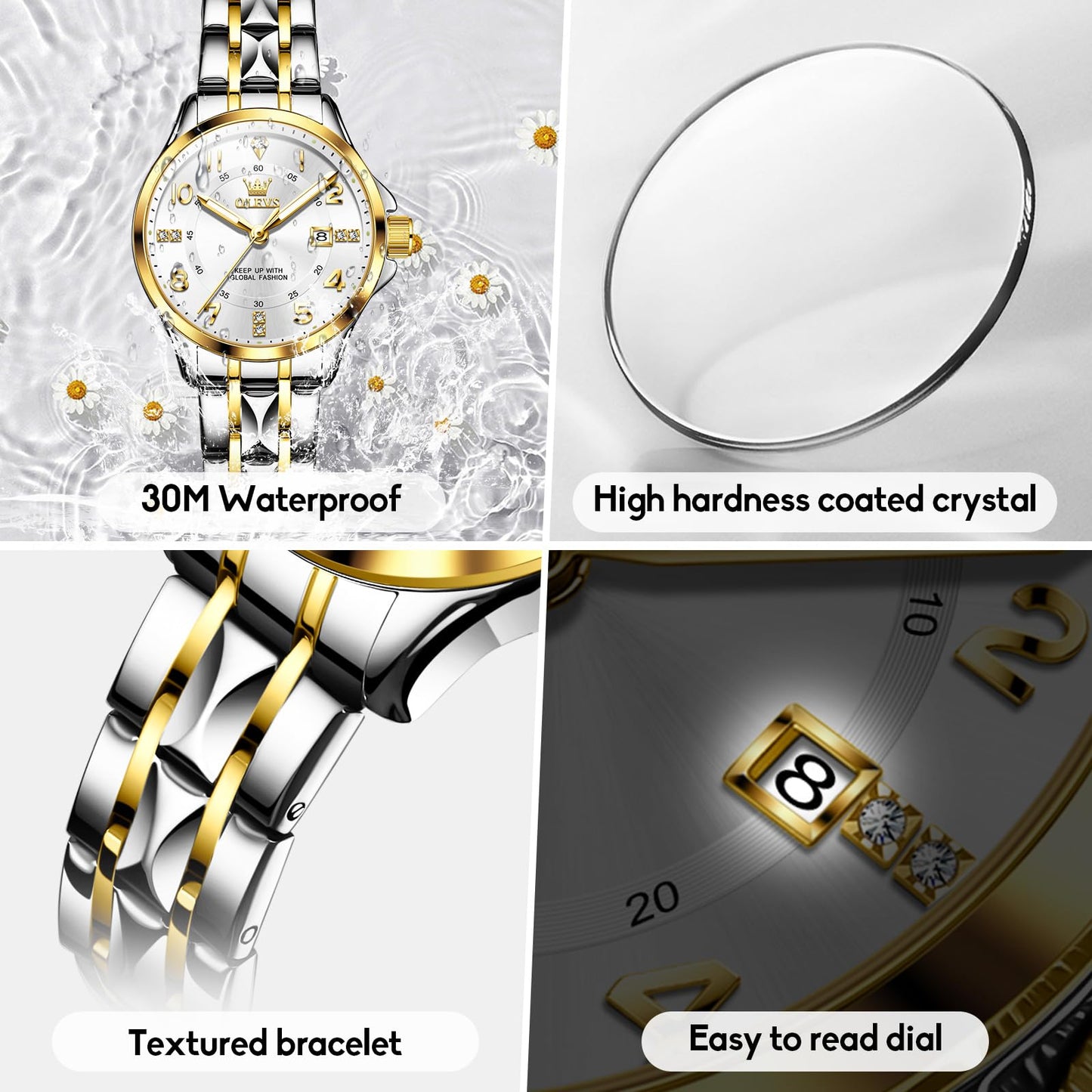 OLEVS Watch for Women Luxury Fashion Diamond Classic Arabic Dial Wrist Women's Watches with Date Waterproof Stainless Steel Quartz Ladies Watch