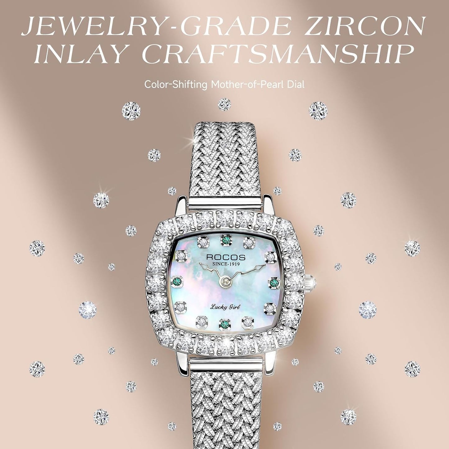 ROCOSJEWE Luxury Silver Diamond Ladies Watch for Women, Square Quartz Wrist Watch with Natural Mother-of-Pearl Dial, Elegant Small Dial, Premium Branded Women’s Watch, Gift for Women R0264