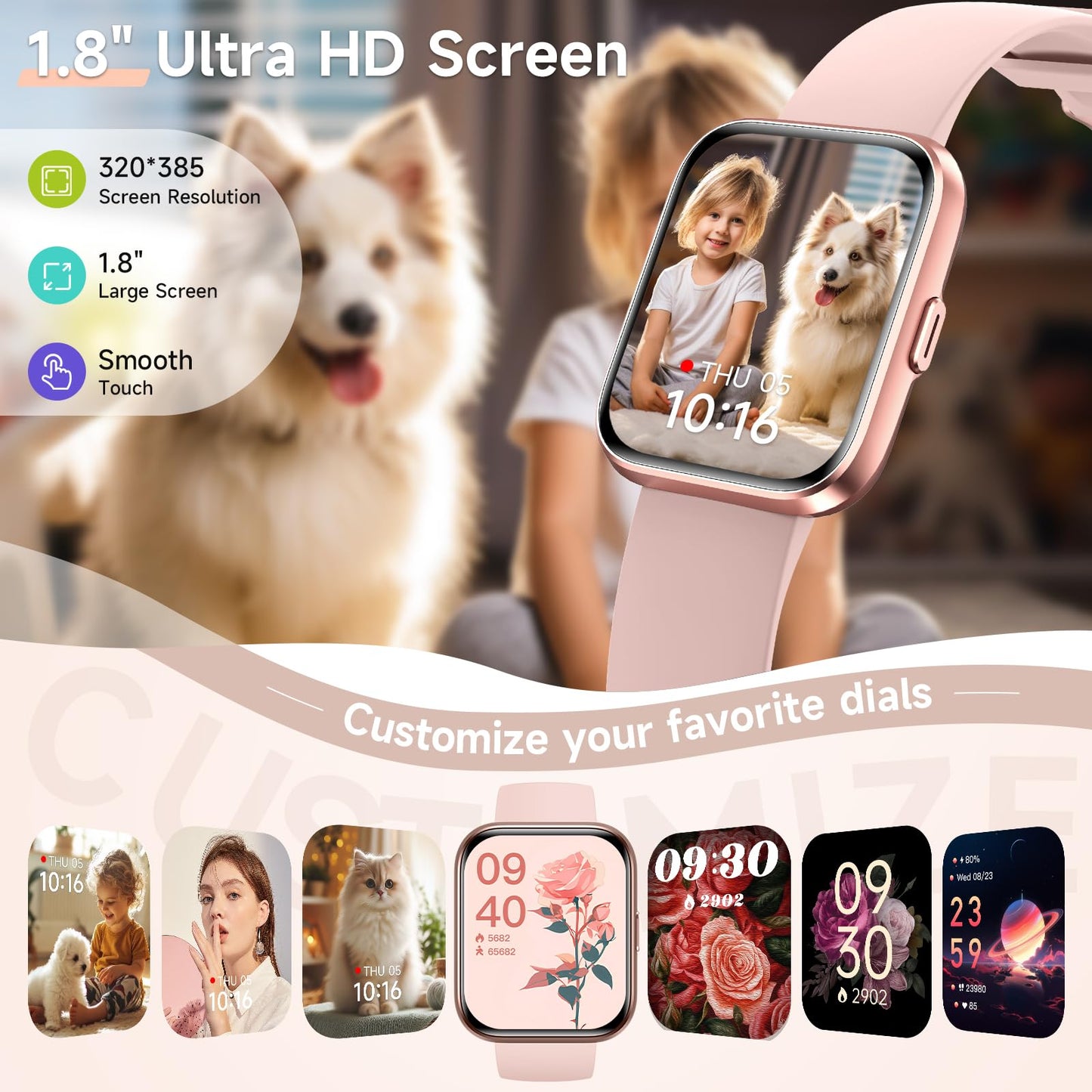 Smart Watches for Women, 1.8" Touch Screen Fitness Tracker for Android & iPhone, Answer/Make Calls, Alexa Built-in, Heart Rate/Sleep/SpO2 Monitor Smartwatch, IP68 Waterproof 101+ Sport Modes, 2 Bands