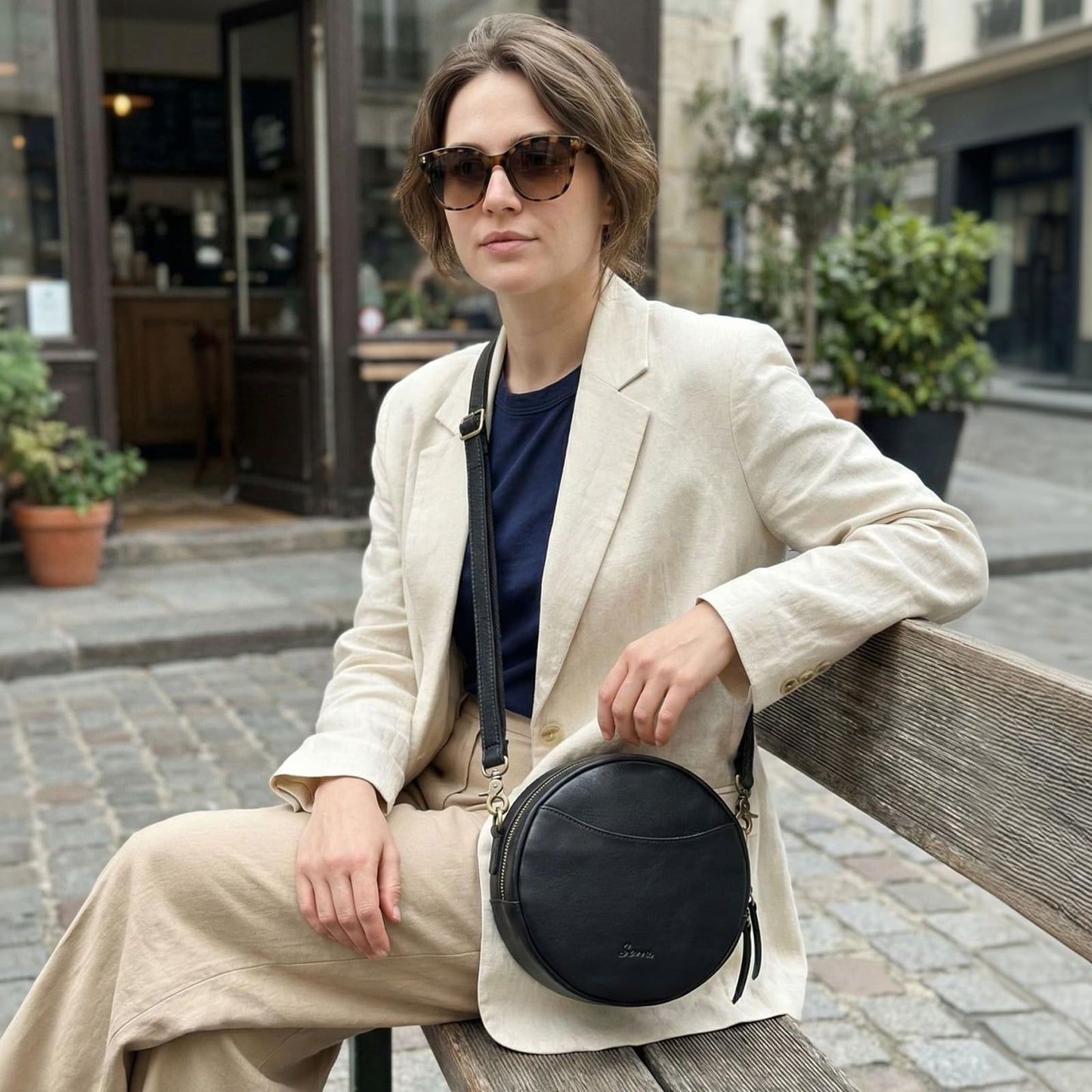 S-ZONE Leather Crossbody Bags for Women Circle Shoulder Round Purse Travel | Top Grain Leather, Keychain, Designer Handbag, Vintage, Multi Pockets, Detachable Strap, Eveyday Outing