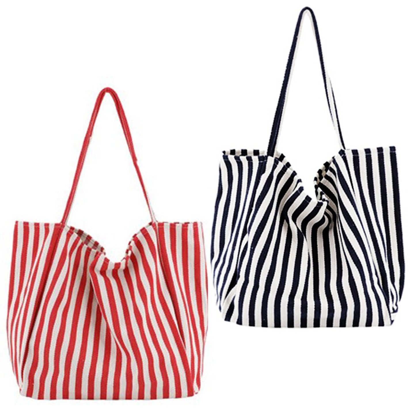 ELYEEBLEE 2 Pcs Lightweight Soft Casual Striped Canvas Shopping Tote Bags with Inner Pocket