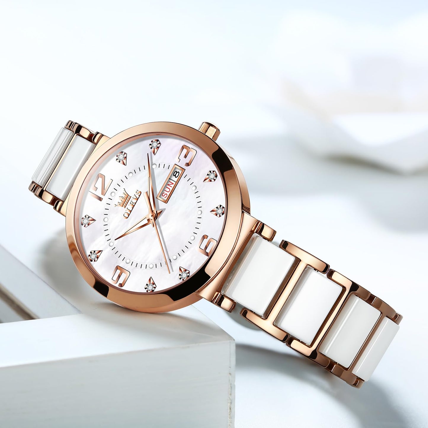 OLEVS Women's Watch Ceramic Band Waterproof Dress Watch Analog Quartz Watches Elegant Luxury Comfortable Wrist Watches with Date Day & Diamond White/Pink/Black Dial Gift for Her Reloj para Mujer