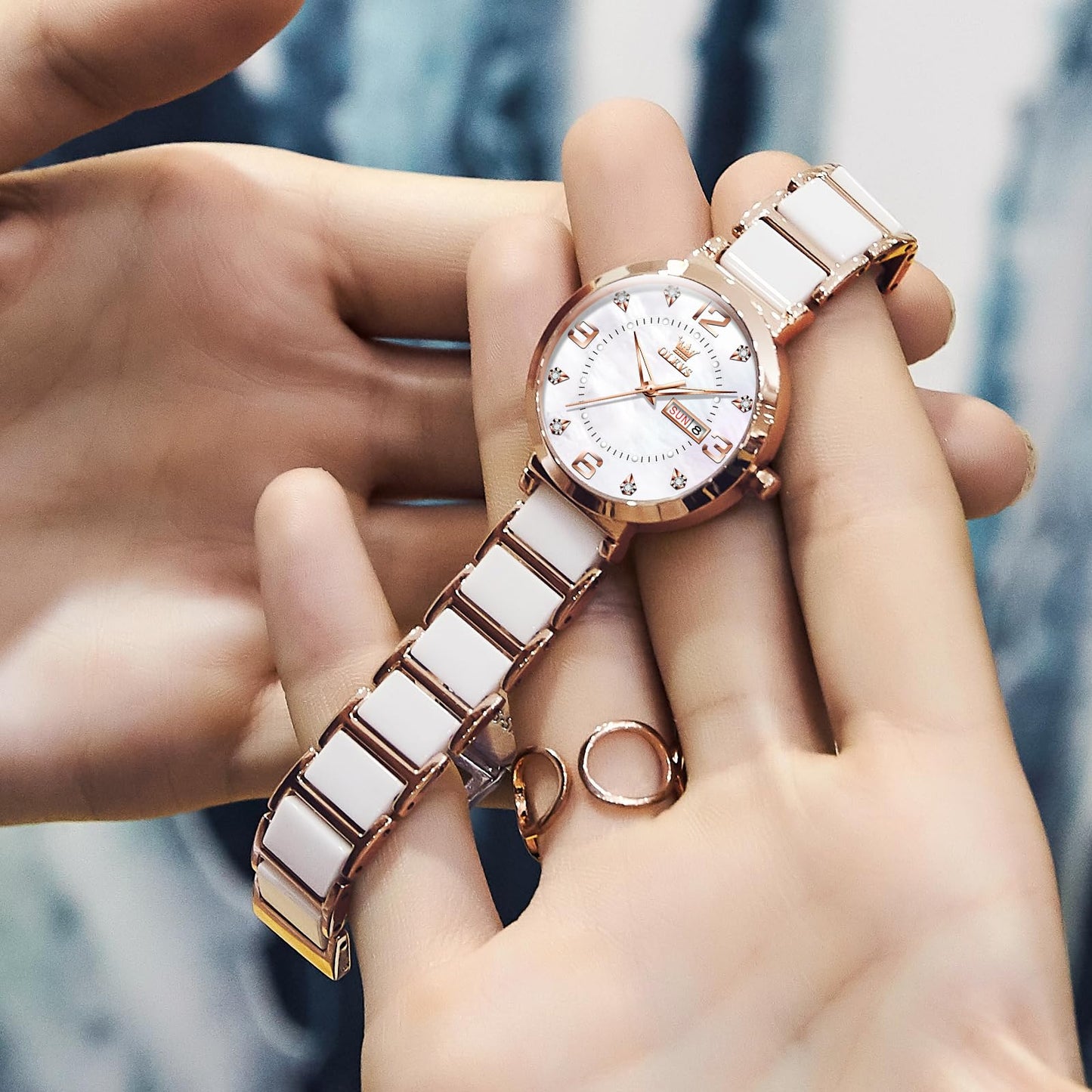OLEVS Women's Watch Ceramic Band Waterproof Dress Watch Analog Quartz Watches Elegant Luxury Comfortable Wrist Watches with Date Day & Diamond White/Pink/Black Dial Gift for Her Reloj para Mujer