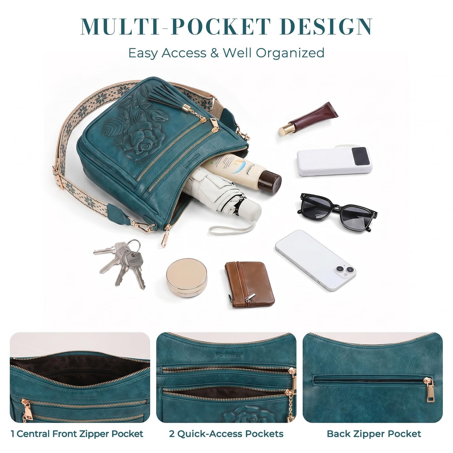 Crossbody Bags for Women, Vegan Leather Crossbody Purse, Multiple Pocket Daily Travel Shoulder Bag with Boho Strap