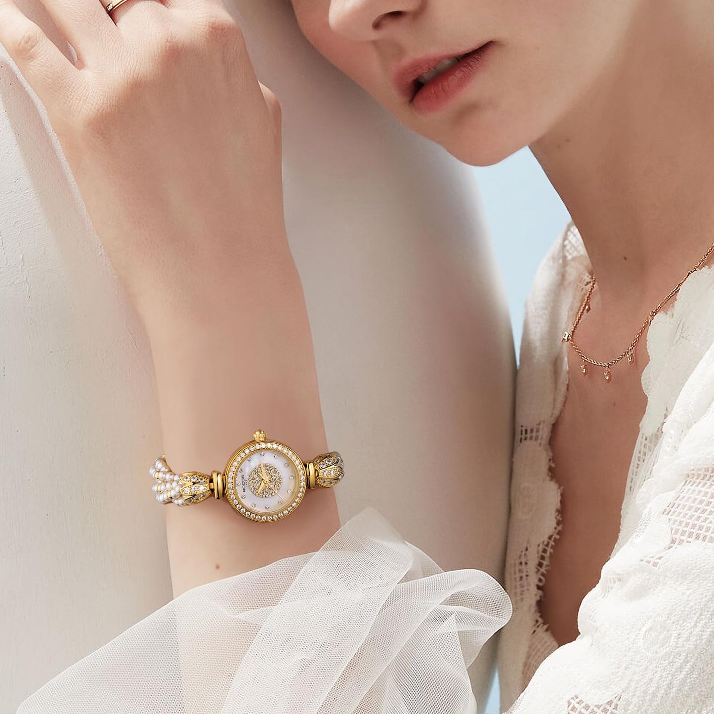 ROCOSJEWE R0262 Bracelet Watches for Women,Fashion Gold Dress Watch,Women's Pearl Bracelet Watch,Dazzling/Pink Dial,Adjustable Stainless Strap,Waterproof,Gift for Women