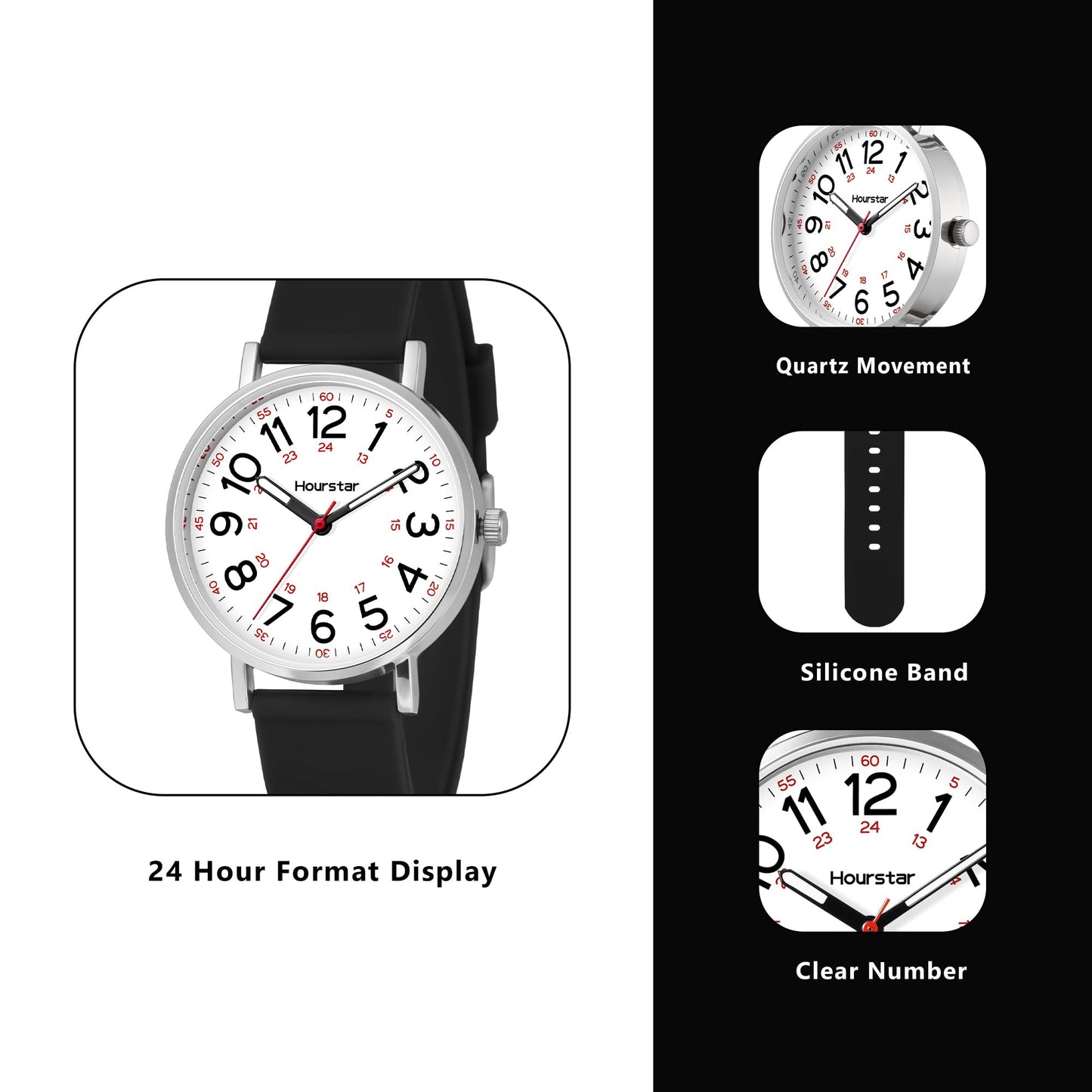 Women's Analog Nurse Watch with Second Hand for Nursing, 12/24 Time, Silicone Band, Easy Read