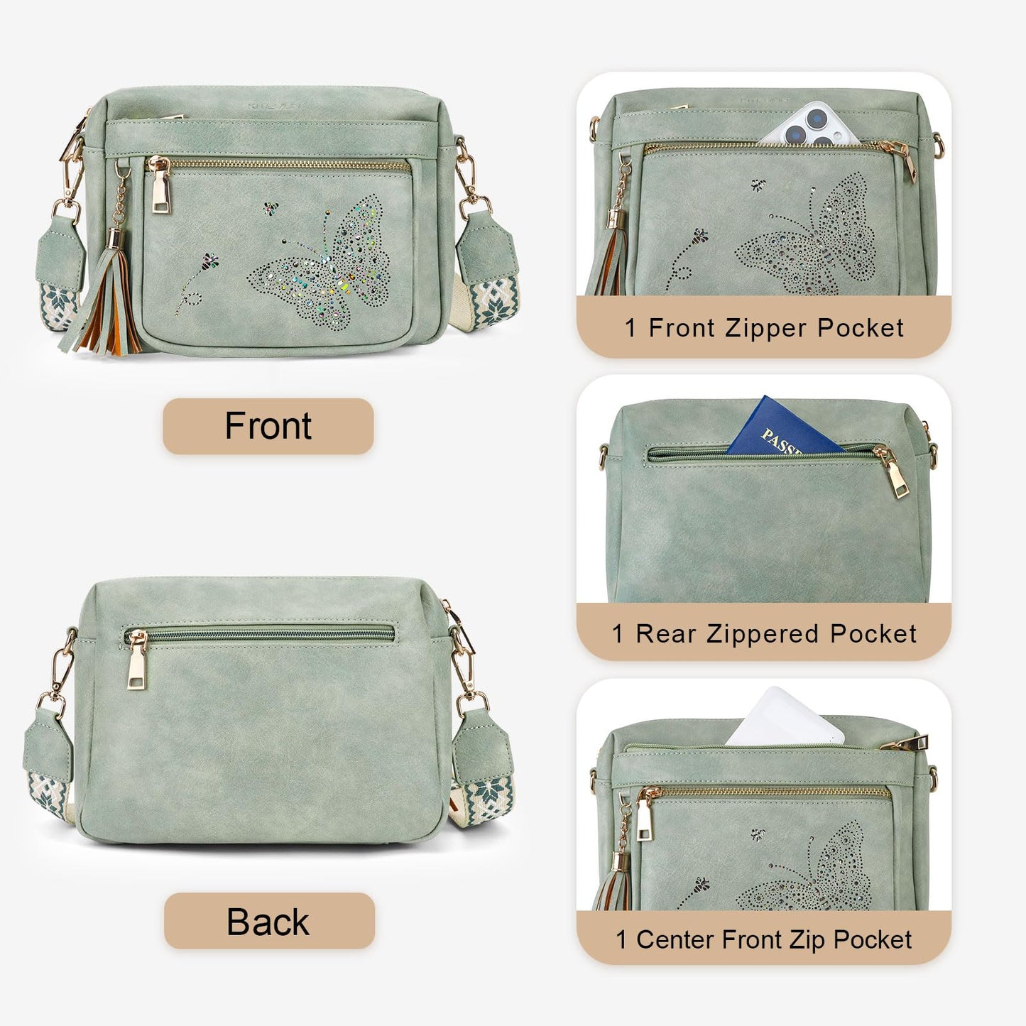 KITEVIUN Crossbody Bags for Women Trendy Leather Crossbody Purse Shoulder Handbags Butterfly Design