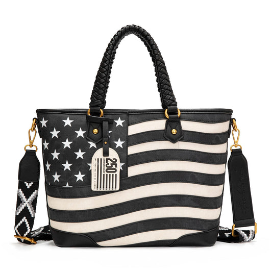 Montana West American Flag Tote Bag for Women Vintage Patriotic Western Shoulder Purse with Braided Top Handles