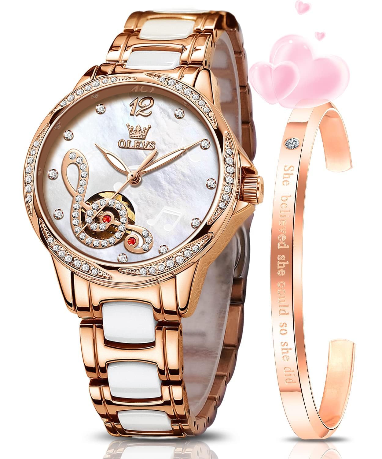 OLEVS Watches for Women Automatic Mechanical Self Winding Rose Gold Ladies Watch Diamond Dress Ceramic Bracelet Waterproof Female Wrist Watch