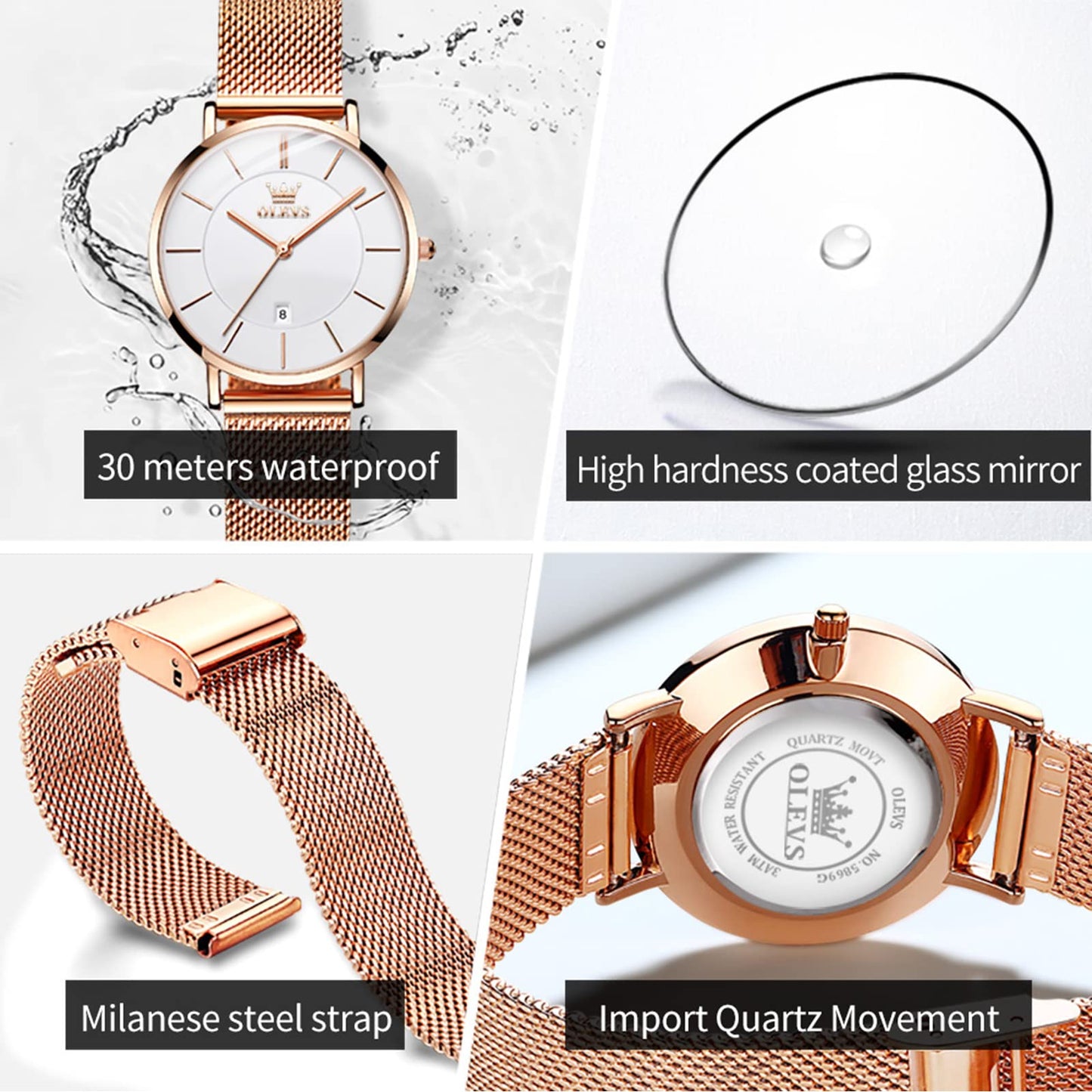 OLEVS Women's Mesh Bracelet Watch, Elegant Large Face Three Hand Analog Quartz Womens Wristwatch, Pretty Slim Date Display Waterproof Ladies Watches for Small Wrists