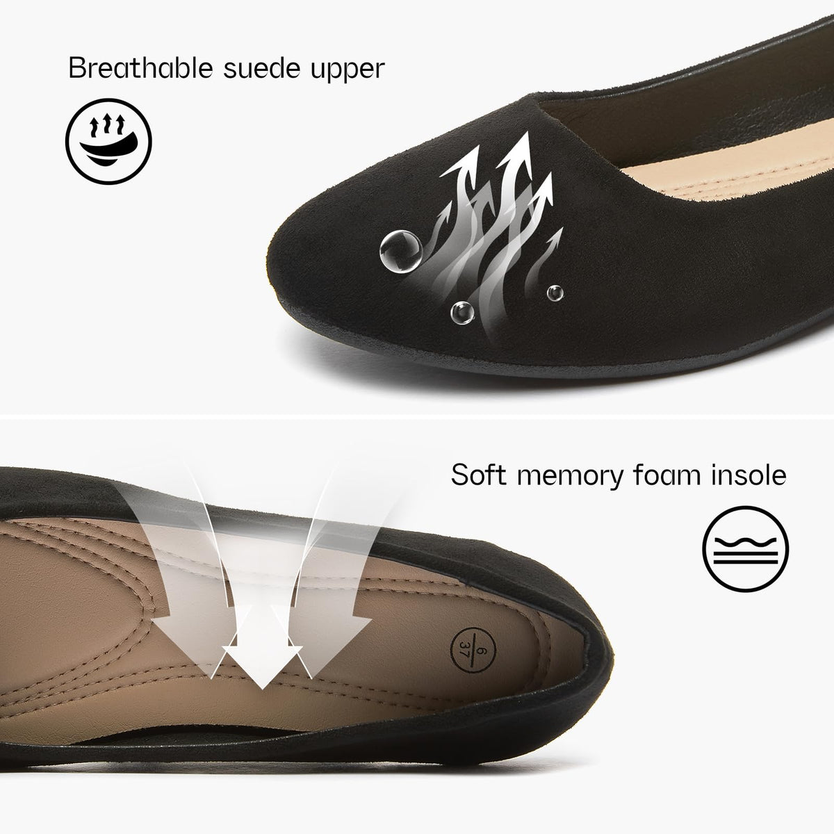 Shupua Flats for Women Round Toe Black Ballet Flats Work Shoes, Size 7Shupua Flats for Women Round Toe Black Ballet Flats Work Shoes, Size 7